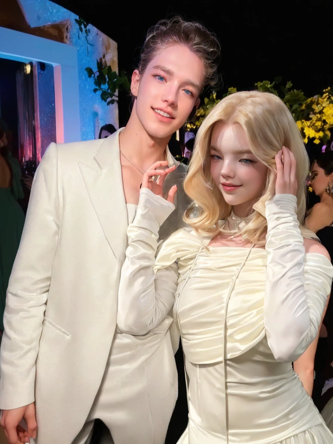 blonde-haired man in white suit and white dress posing with a woman, the bottom es celestial, ariana brand, Edited, james jean and petra cortright, Anya Taylor joy, ((oversaturated)), lv, Tyler, dressed Anya Taylor - joy, Anya Taylor-Joy, Anya Taylor - joy, soft on _ the bottom, Eyes_Taylor-Joy