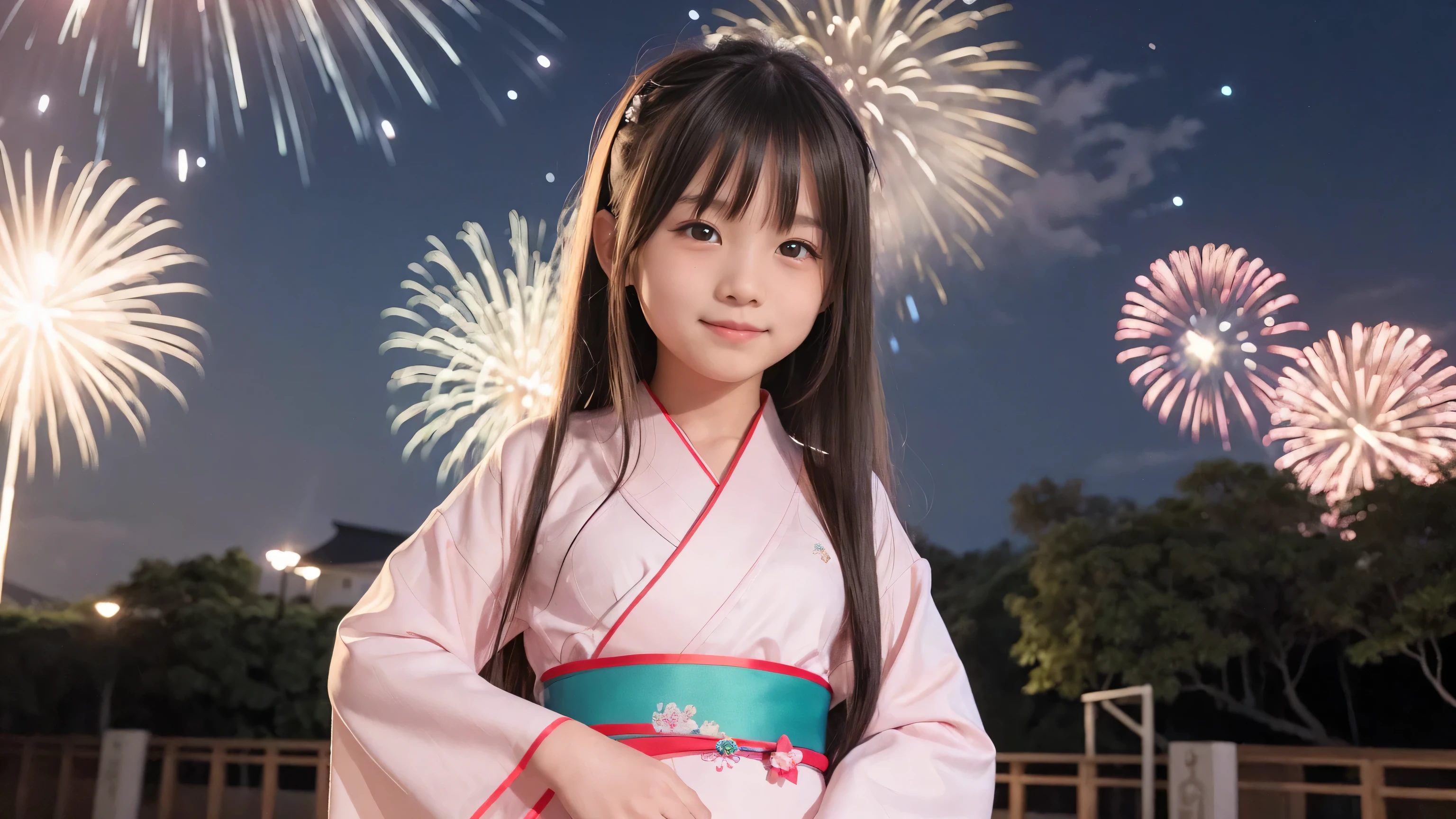 very cute. s old, girl, Long Straight Hair, Beautiful yukata. Night Sky, Countless fireworks, smile.