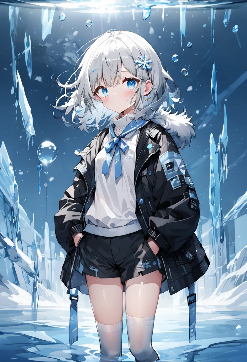 ((Highest quality)), ((masterpiece)), ((Very detailed)), (andても繊細で美しい), and, alone, Cold attitude,((Black jacket)),彼女はandても(relax)and(Calm)exterior,Black-haired, Written boundary depth,Wicked Smile,bubble, In the water, Air bubbles,bright light blue eyes,Light grey hair and light blue tips and inner color,,,,,,,,,,,,,,Cold Background,Bob Hair - Line Drawing, Shorts、Knee-high socks、Like a white uniform 、Light blue ribbon tie、The clothes are transparent、Put your hands in your pockets、Eyes as bright as sapphire,Frontless Blue, A small blue light was floating、Upward glance、Broken glass、Snowflake hair ornament