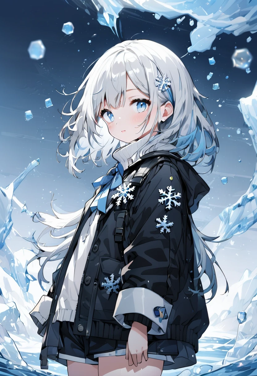 ((Highest quality)), ((masterpiece)), ((Very detailed)), (andても繊細で美しい), 女の子and, alone, Cold attitude,((Black jacket)),彼女はandても(relax)and(Calm)exterior,Black-haired, Written boundary depth,Wicked Smile,bubble, In the water, Air bubbles,bright light blue eyes,Light grey hair and light blue tips and inner color,,,,,,,,,,,,,,Cold Background,Bob Hair - Line Drawing, Shorts、Knee-high socks、Like a white uniform 、Light blue ribbon tie、The clothes are transparent、Put your hands in your pockets、Eyes as bright as sapphire,Frontless Blue, A small blue light was floating、Upward glance、Broken glass、Snowflake hair ornament