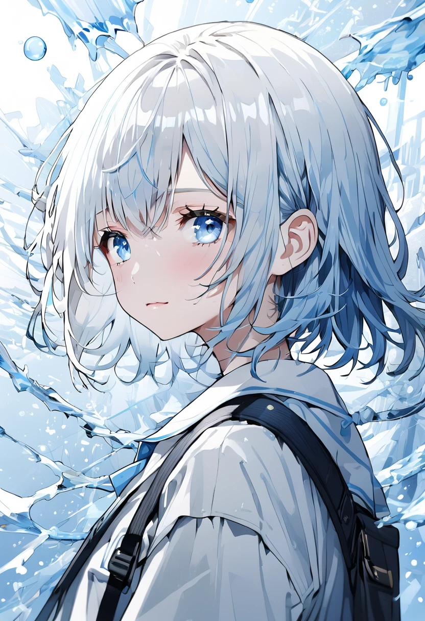 ((Highest quality)), ((masterpiece)), ((Very detailed)), (andても繊細で美しい), and, alone, Cold attitude,((Black jacket)),彼女はandても(relax)and(Calm)exterior,Black-haired, Written boundary depth,Wicked Smile,bubble, In the water, Air bubbles,bright light blue eyes,Light grey hair and light blue tips and inner color,,,,,,,,,,,,,,Cold Background,Bob Hair - Line Drawing, Shorts、Knee-high socks、Like a white uniform 、Light blue ribbon tie、The clothes are transparent、Put your hands in your pockets、Eyes as bright as sapphire,Frontless Blue, A small blue light was floating、Upward glance、Broken glass、Snowflake hair ornament