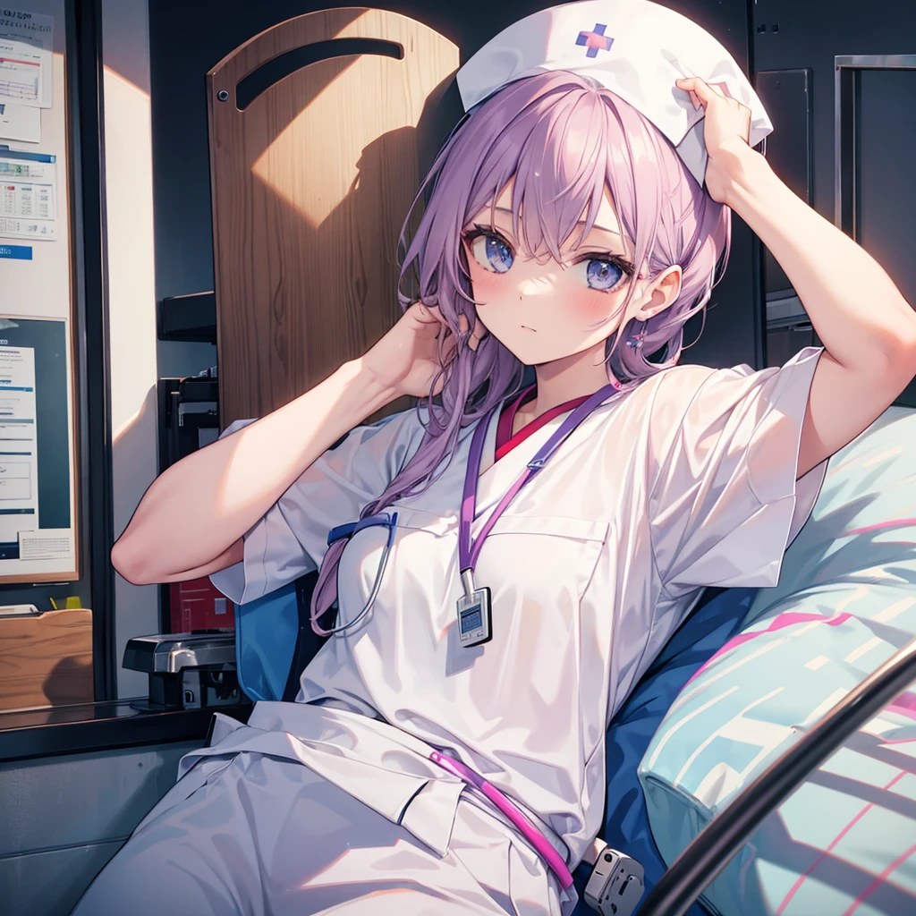 nursing aide,one girl,solo,scrubs,not wearing a hat or cap, I can't get my head out of the picture.