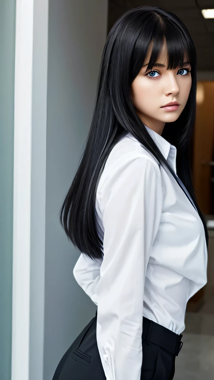 young woman,Very long straight black hair,blue eyes,Eyes are hidden by bangs,Black office suit,White shirt,Waist up shot,Sulky look