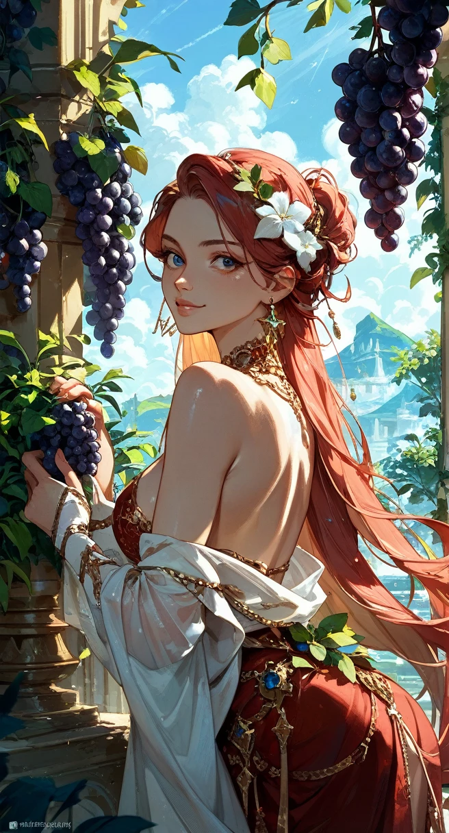 The personification of Dionysus in Greek mythology 、infp young woman、Country-style tavern、Drunk and blushed in a tavern、Wine red hair、Miss King's Tiara、Sophisticated illustrations、Big eyes、Transparent eyes、Beautiful makeup、long eyeslashes、A smile、Smile、、Solo Photography、beatiful detailed eyes、vertical stripes imagem 4k 超A high resolution、Overall photo