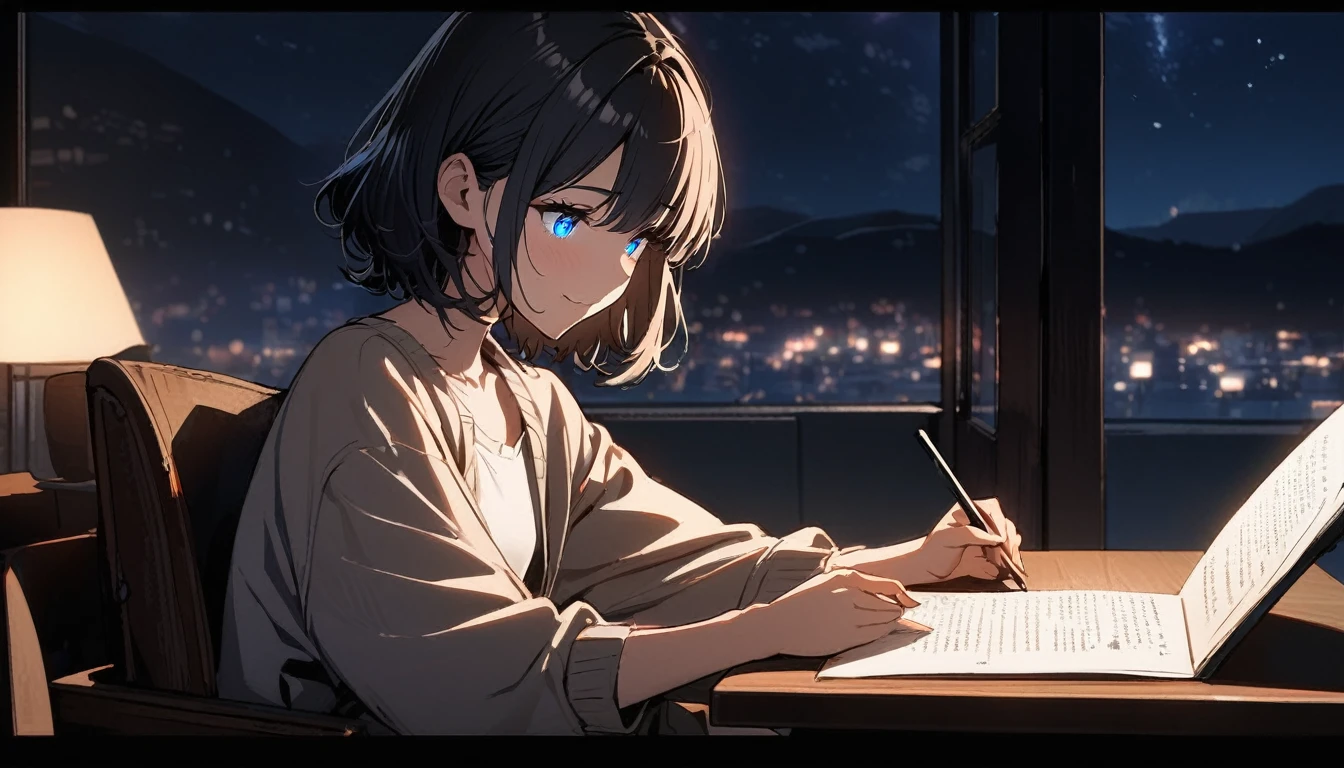 1girl, solo, blue eyes, (detailed eyes), gentle smile on her face flat chest, short hair, black hair, (masterpiece), (Masterpiece), Top quality, Perfect face, Expressive eyes, Knotty hair, Blue eyes, Cute girl, Reading book, (Night), Cosy lights, Perfect lighting, Trace light, Warm colours, Chair and table, Soft, Delicate, Tender, Night, Contrast, Vivid colours INFO