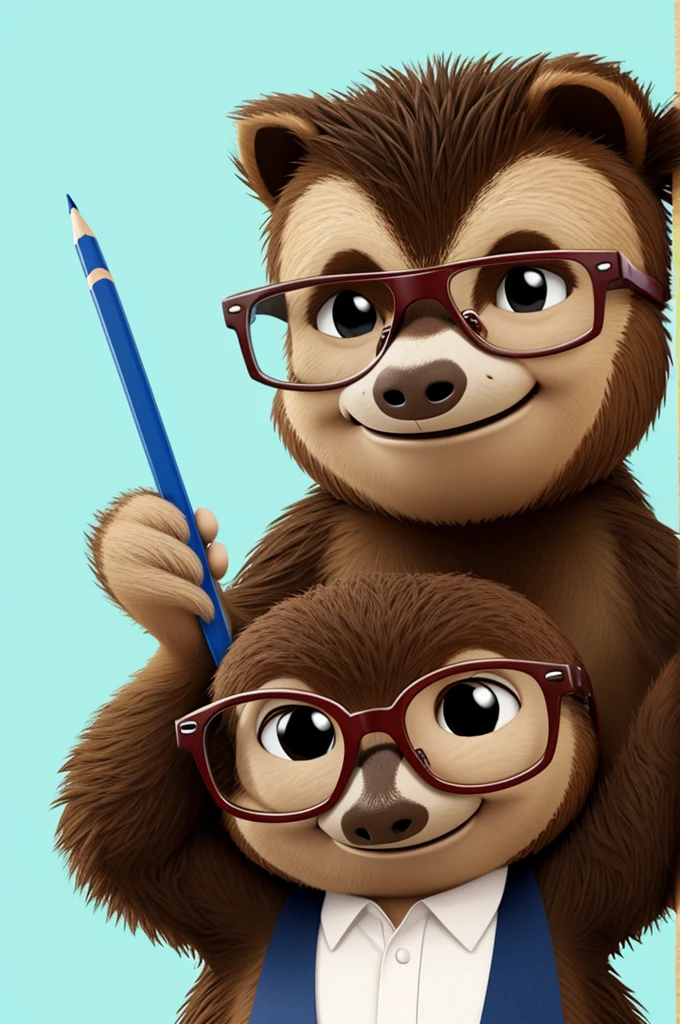 Cartoon of a sloth with glasses and a pencil or as a teacher 