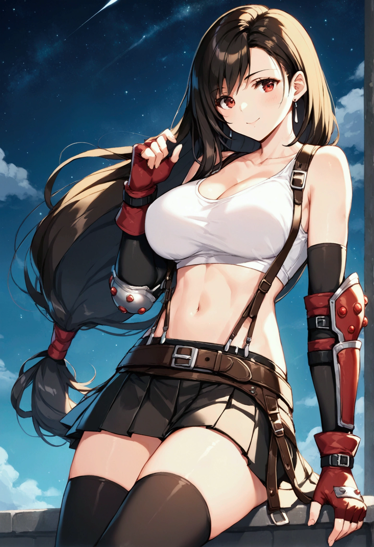 (score_9,score_8_up,score_7_up), masterpiece, best quality,
newest, recent, perfect anatomy,
official art, very aesthetic,pose,,,(upperbody) ,Solo,1girl, tifa lockhart, final fantasy,black hair, low-tied long hair, red eyes, bangs, (white tank top,gap),(High exposure,Belly exposure,the ribs),(belt, pleated skirt, thighhighs, elbow fingerless gloves, elbow pads, midriff, navel,suspenders.skirt),beautiful waist ,(large_breast:1.3),light smile,,,outdoor,star sky,night,