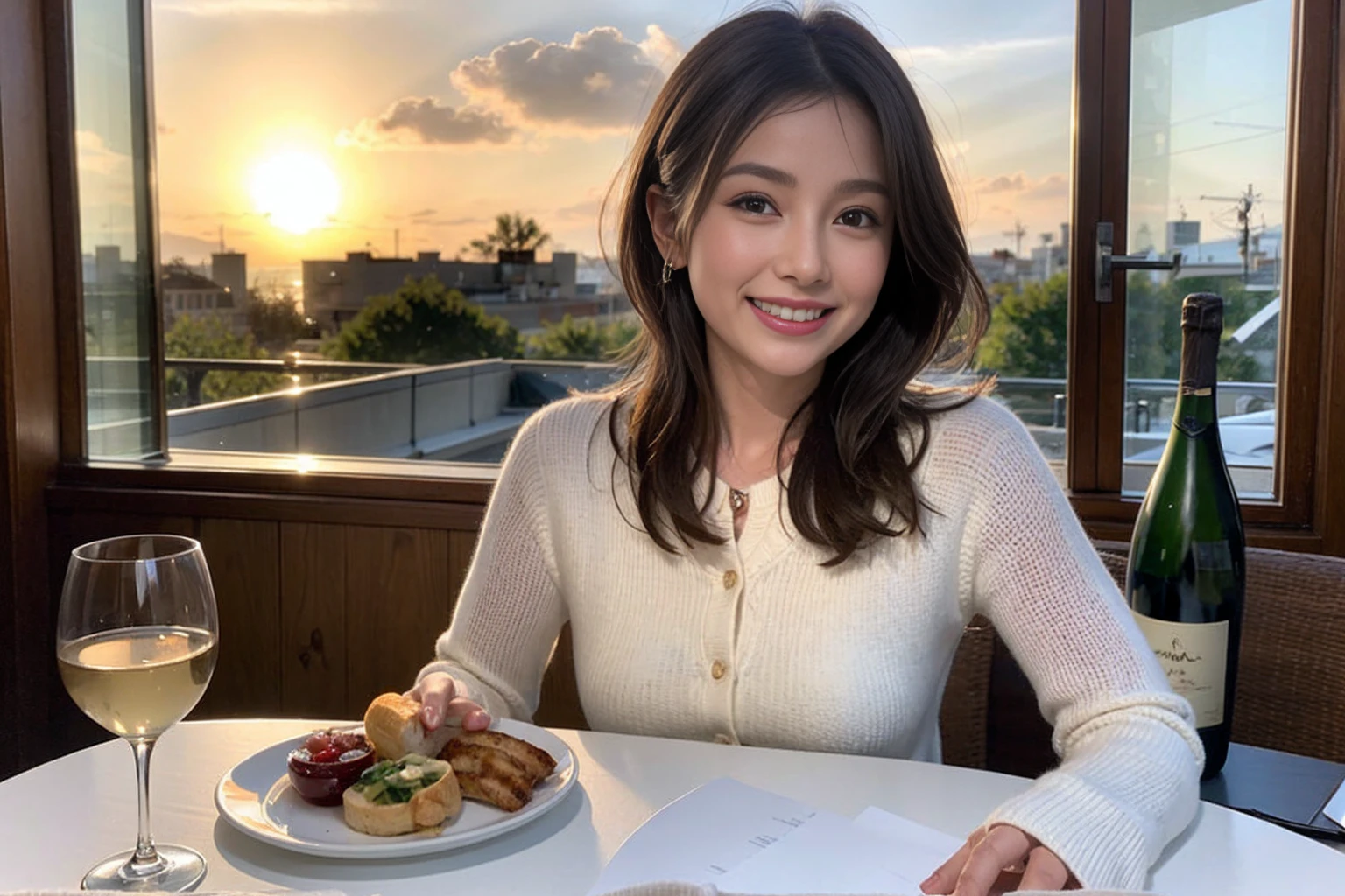 (Realistic:1.1),(masterpiece,Highest quality),8k,(44 years old), 42 years old, slimカップル、Model Couple、actress/actor、Tight waist,Upper Body,full-course dinner、wine 、Amazing view of the sunset sky and clouds、Perfect Anatomy, Brown Hair, short hair,Random Hairstyles,((Highly detailed face and eyes:1.2))(cute顔:1.4),美しいactressの顔,Perfect golden ratio face,Long sleeve shirt、dress,(smile:1.2)、Shortcuts、cute、(Realistic, Intricate details:1.2), A bright smile、short hair,Bright Face、赤wine 、Appetizers、Italian food、wine bottle、Champagne、スパークリングwine、(slimな顔), (The body is slim), (Brown Hair), (Shortcuts), Upper Body, 白wine, slim, wineグラス,