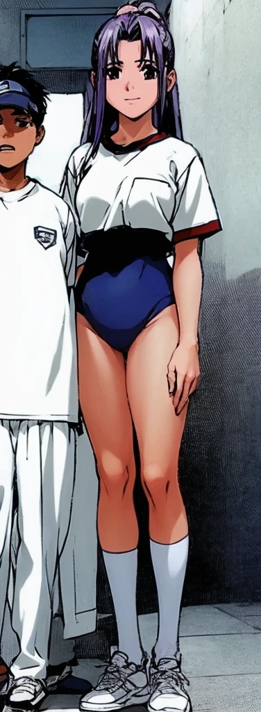 Momoko Koigakubo, a tall girl with beautiful legs, is standing with a smile on her face in a white gym uniform and light navy blue bloomers that look like panties.。Momoko Koigakubo is holding a boy in a jersey。