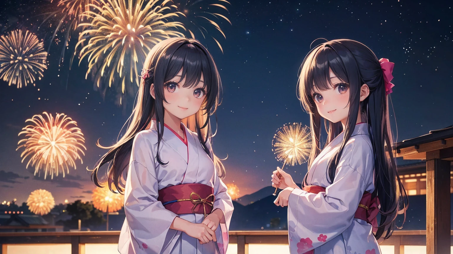 very cute. 11 years old, girl, Long Straight Hair, Beautiful yukata. Night Sky, Countless fireworks, smile.