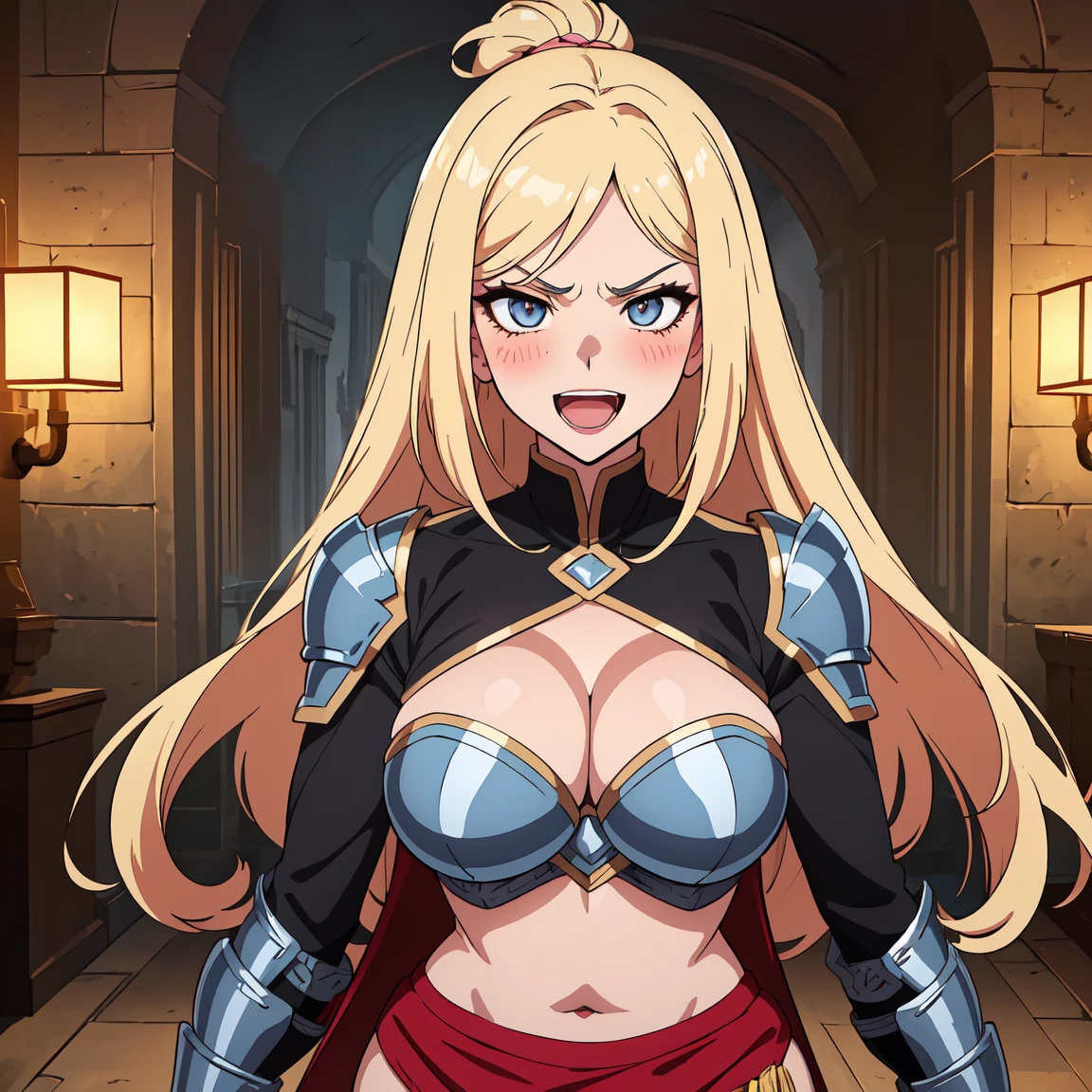 2girl, two girls, (shoujo-style), ((detailed hair, detailed eyelashes, banganhwa-scenery, blush, large breasts, long hair, , ((perfect face)), (Mature Face:1.4), (beautiful face:1.15), detailed eyeasterpiece), (highest quality), best quality, highres, 8K, extremely detailed, Digital Art, (Hyper-Detailed Background:1.2), (realistic background), (intricate details), award-winning, hyper-detailed, (illustration:1.1),
(cinematic lighting), soft lighting, lipstick, blush, Hot girls, baddie, staring, glaring, bad attitude, mean girl, dare, angry, hate, crazy, smoking, sensual, attractive, masterpiece, best quality, highly detailed, fantasy , a anime girls in armored dress holding a sword
posing for a picture, evil smile, smile, open mouth, breastplate with open cleavage, cleavage, warrior
outfit, ecchi anime style, anime girls, ecchi style, (nsfw) not safe for work, ecchi, digital anime art!!, in
anime style, official artwork, visual novel cg, beautiful anime girl, anime style 4 k , loincloth, exposed
belly, exposed navel, exposed midriff, exposed lower belly, pencil skirt armored, castle,inside castle