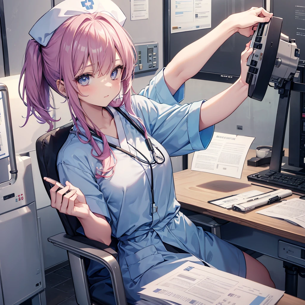 nursing aide,one girl,solo,scrubs,not wearing a hat or cap, I can't get my head out of the picture.