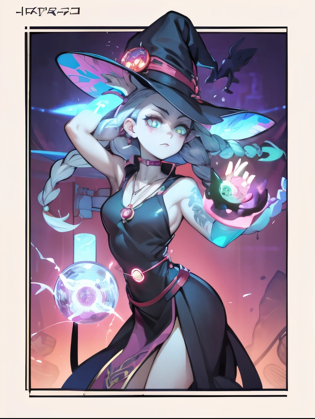 depicts a modern-day witch who has embraced the world of cybernetics to enhance her magical abilities. The artwork should convey the enchanting blend of traditional witchcraft and futuristic technology. Here are some specific elements to include: The Witch's Lair: The setting should be a cozy yet slightly eerie room, filled with magical books, crystal balls, potion ingredients, and antique furnishings. The room should be dimly lit by candles and a soft, mystical glow emanating from her cybernetic enhancements. The Cyborg Witch: The central focus of the artwork is the witch herself. She's a striking figure with a mix of traditional witch attire and cybernetic enhancements. Her clothing should have a witchy, occult aesthetic, with flowing robes, a pointed hat, and an intricate pentagram necklace. Her arms, however, have been upgraded with cybernetic components that incorporate magical symbols and glowing runes. Magical Interface: The witch is in the midst of casting a spell, with a holographic, touch-screen interface floating before her. This interface includes spell incantations, arcane symbols, and digital components, demonstrating her fusion of magic and technology. Spell Ingredients: On a nearby table, there should be a collection of spell ingredients, like herbs, potions, and magical artifacts. Some of these items may have been modified with cybernetic enhancements, blurring the line between the natural and the technological. Familiar: The witch's familiar, perhaps a cat or raven, should be present in the scene, serving as her magical companion. The familiar could also have subtle cybernetic enhancements or glowing eyes. Glowing Runes: The room should be adorned with ancient symbols and glowing runes on the walls and floor, contributing to the magical atmosphere. Aetherial Lighting: Use a combination of mystical, ethereal lighting and cybernetic glows to create a captivating interplay of light and shadow. The contrast between the tradit