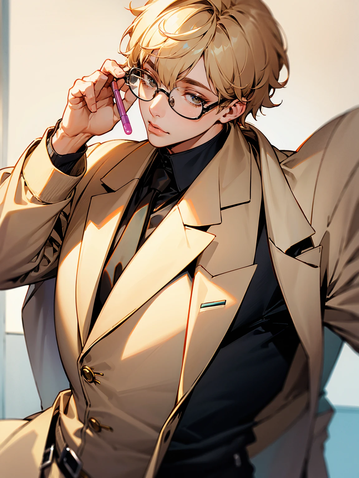 1male, adult, beige hair, short hair, glasses, lip gloss, beautiful, busty, lab coat, sweater