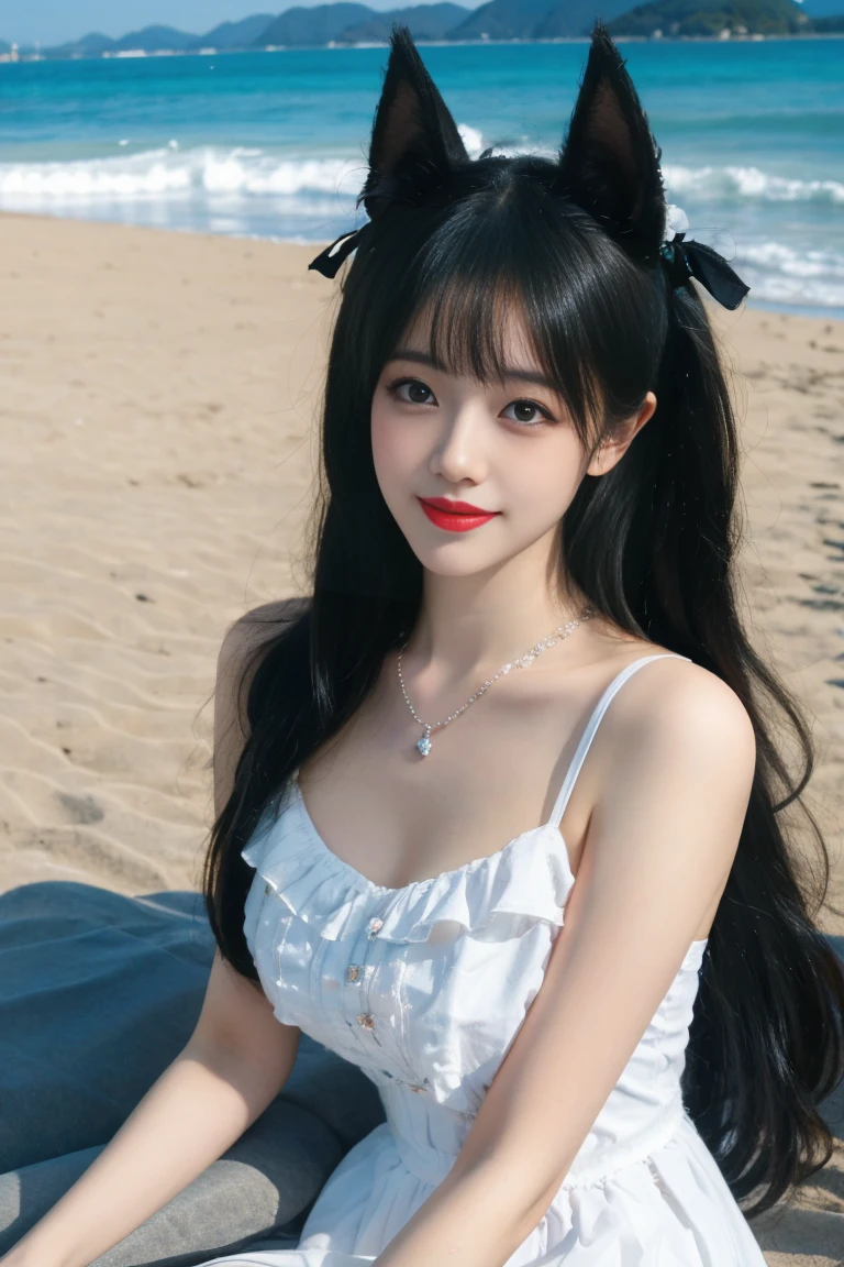 （White color blouse：1.2），（（（wetclothes：1.5））） （innocent and classy girl：1.2）， （Daogu's hair style，black color hair）， Very detailed face and skin texture， A detailed eye， 二重まぶた， Pale cheeks， Glossy glossy skin， Moist eyes：1.2， Shiny earrings and necklace， Glossy lips：1.4， White skin of the：1.2， （from above distance： 1.2）），Natural medium breasts， （sweetsmile：1.2）， （looking at viewert）， （tiny mouth：1.1），On the sandy beach，Sunglasses are worn on the forehead