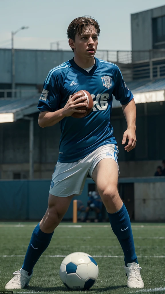 Young Leo playing ball with his friends on a football pitch, 8k realistic imagery, blue scenery like a movie scene, old american setting, inspired by blade runner movie scene, blue tone,