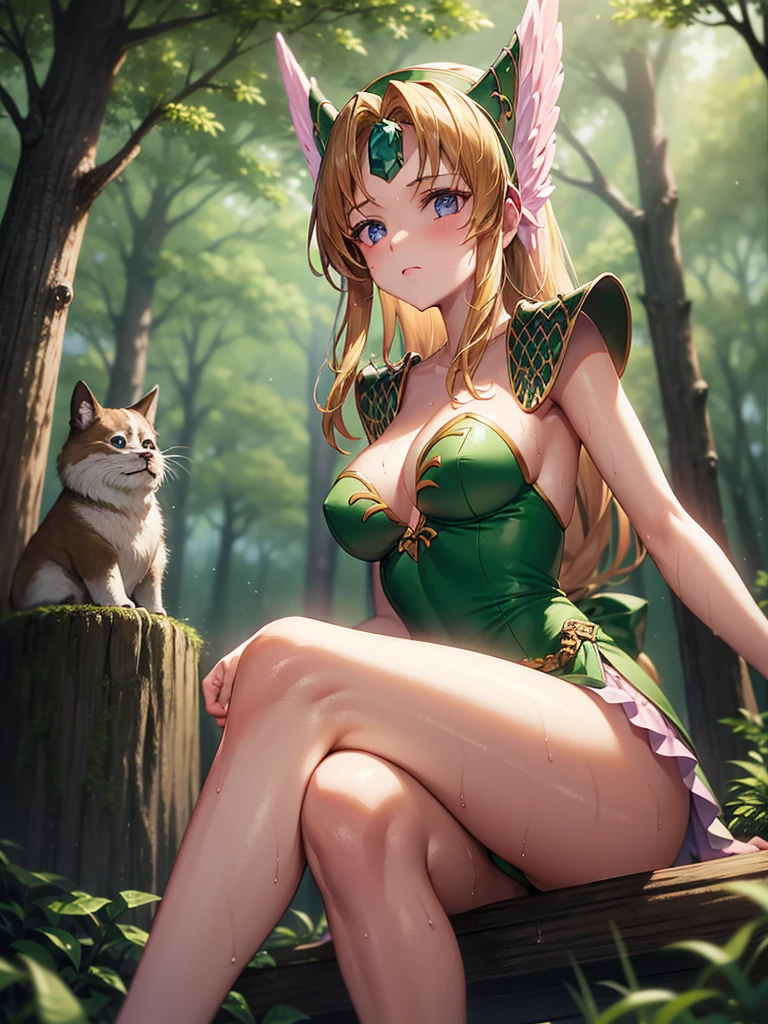 Armpit Show,One girl,lease,Green shoulder armor, sweating,blush,vapor, Cleavage,Wet body, Inverted hair,Underarm,greasy Underarm,smooth Underarm,in the forest,Sitting on a tree stump,Crossing your legs,From below