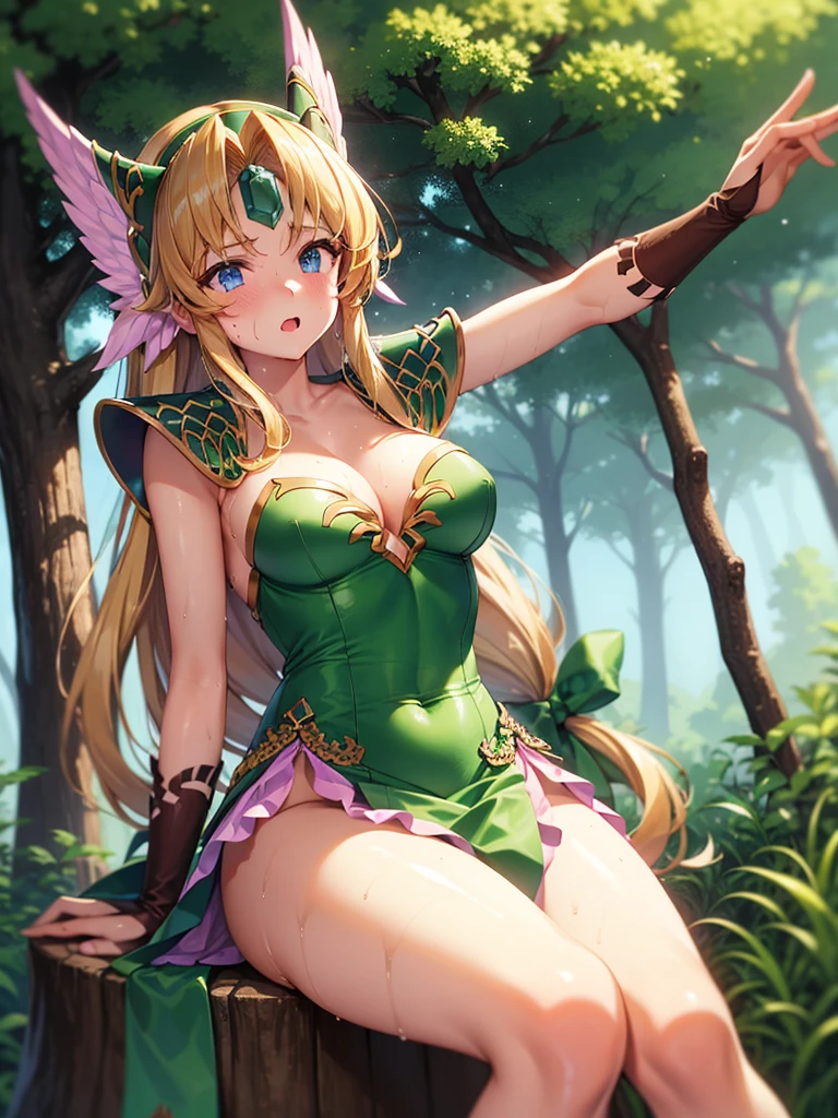 Armpit Show,One girl,lease,Green shoulder armor, sweating,blush,vapor, Cleavage,Wet body, Inverted hair,Underarm,greasy Underarm,smooth Underarm,in the forest,Sitting on a tree stump,Crossing your legs,From below