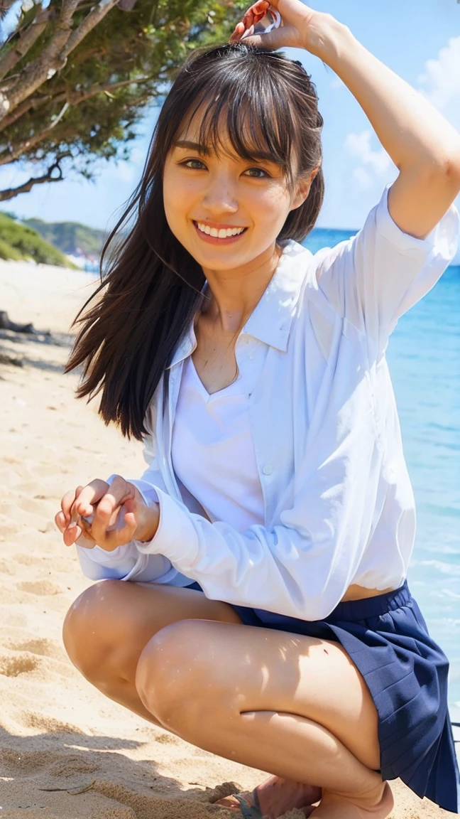 (((Top-down configuration:1.33)))、((No underwear:1.55))、One Girl、Beautiful and detailed eyes and face、barefoot、20 year old cute Japan woman, ((Extremely precise and accurate anatomy:1.0)), (photo Realistic:1.4), (hyper Realistic:1.4), (最高品質のRealisticな肌の質感:1.4), (Improvement of quality:1.4), (Enhances the beauty of skin texture:1.1), Clean and glowing skin, mesh, thin:1.2, (Realistic:1.3), Realisticなライティング, (Smoother lighting:1.05), (Improving the quality of cinema lighting:0.9), Backlight, A gentle light on your face, Ray Tracing, (Bright light:1.2), 32K, One Japanese woman, fine grain, Detailed face, (Film Grain:1.1),(Accentuates body lines:1.1), High resolution, Natural look, Kind eyes, Improves hair quality, Delicate light and shadow, Transparent muscles, Graceful pose, Beautiful Eyes, Sharp details, Soft light reflection, Beautiful contours, Delicate skin tone, Fine hair texture, Natural background, (((sunny day、Beach、A strong wind is blowing、Her hair and skirt are flying、Squat, Traditional navy blue sailor uniform、Open shirt、Pleated skirt、Scooping seawater with hands:1.25、splash、Sandy Beach、Light of the sun、clear blue sea、The waves crash quietly、Blue sky and white clouds、Green Mountain々、Beautiful Nature、The joys of youth)))、