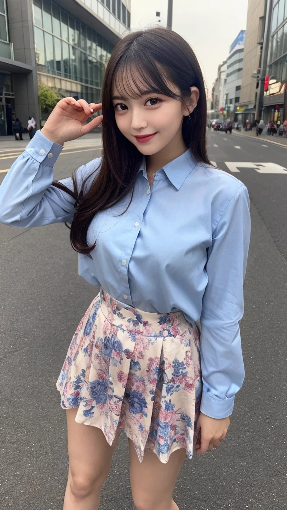 Highest quality, Very detailed, finely, High resolution, 8k wallpaper, Perfect dynamic composition, Beautiful and exquisite,ランダムなcute髪,,Natural color lip, Bold sexy pose,smile、20-year-old girl、cute、Looking into the camera,,Perfect and beautiful face,Slim face and figure,Beautiful thighs, Beautiful feet、Calf、Butt、Big eyes、Gal Makeup,Small face,Shooting from below、smile,,Elegant feminine face、Randomly change the shooting angle and position、smile、Top to bottom々Shoot from the right angle and direction、Sexy Face、Standing in the streets of Shibuya、Long sleeve collared shirt、Tight skirt with high waist、Blue floral long skirt