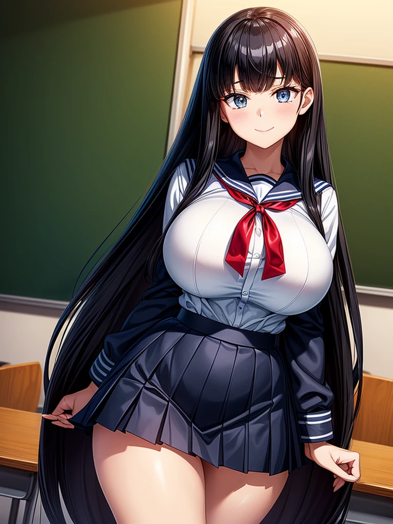 Top quality, classroom,  high school girl, beautiful face, beautiful eyes, intelligent look. beautiful woman, elegant face,  intelligent face, bewitching smile, beautiful glossy black hair, straight long hair, huge breasts, curvaceous beauty, narrow waist, , White sailor uniform, red ribbon tie, short navy pleated skirt, elegant behavior