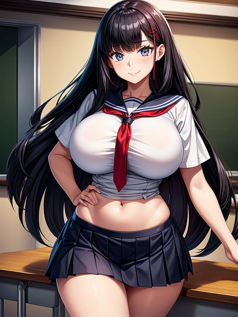 Top quality, classroom,  high school girl, beautiful face, beautiful eyes, intelligent look. beautiful woman, elegant face,  intelligent face, bewitching smile, beautiful glossy black hair, straight long hair, huge breasts, curvaceous beauty, narrow waist, , White sailor uniform, red ribbon tie, short navy pleated skirt, elegant behavior