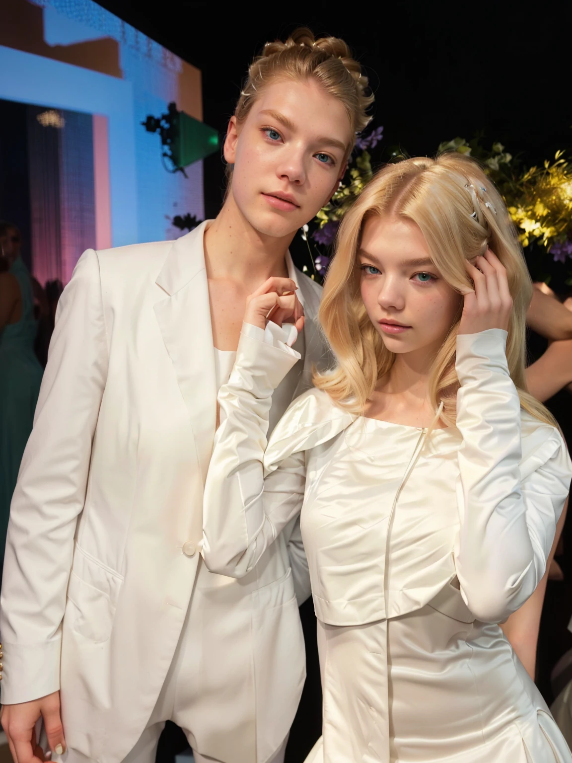 blonde-haired man in white suit and white dress posing with a woman, the bottom es celestial, ariana brand, Edited, james jean and petra cortright, Anya Taylor joy, ((oversaturated)), lv, Tyler, dressed Anya Taylor - joy, Anya Taylor-Joy, Anya Taylor - joy, soft on _ the bottom, Eyes_Taylor-Joy