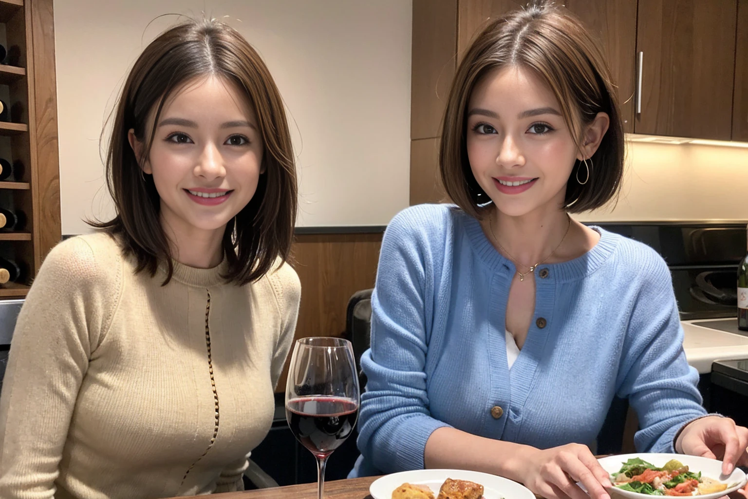 (Realistic:1.1),(masterpiece,Highest quality),8k,(44 years old), 42 years old, slimカップル、Model Couple、actress/actor、Tight waist,Upper Body,full-course dinner、wine 、Amazing view of the sunset sky and clouds、Perfect Anatomy, Brown Hair, short hair,Random Hairstyles,((Highly detailed face and eyes:1.2))(cute顔:1.4),美しいactressの顔,Perfect golden ratio face,Long sleeve shirt、dress,(smile:1.2)、Shortcuts、cute、(Realistic, Intricate details:1.2), A bright smile、short hair,Bright Face、赤wine 、Appetizers、Italian food、wine bottle、Champagne、スパークリングwine、(slimな顔), (The body is slim), (Brown Hair), (Shortcuts), Upper Body, 白wine, slim, wineグラス,