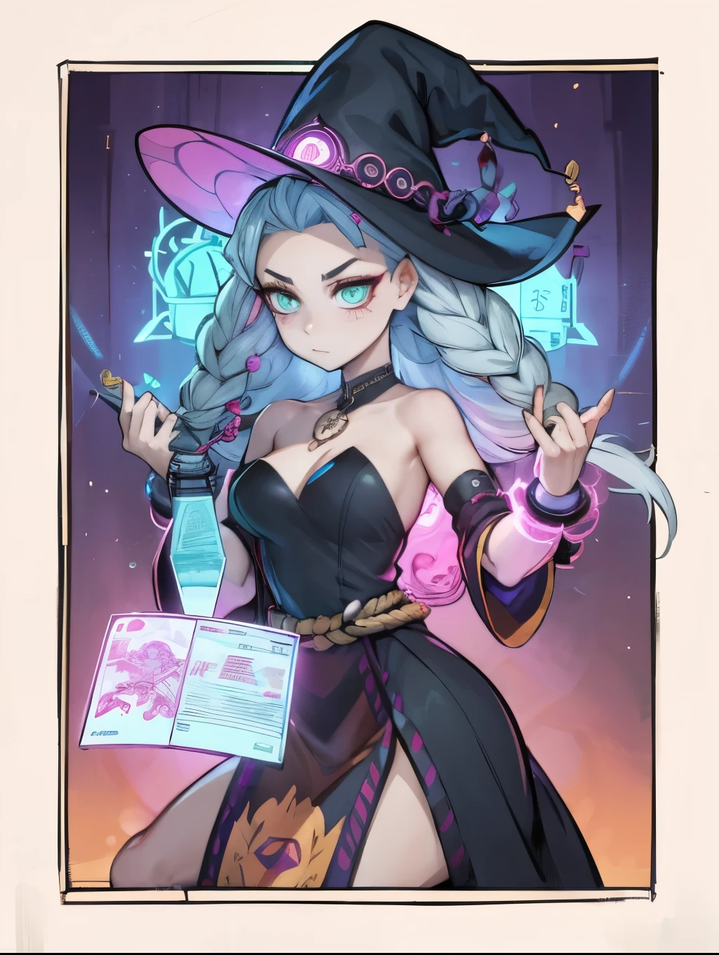 depicts a modern-day witch who has embraced the world of cybernetics to enhance her magical abilities. The artwork should convey the enchanting blend of traditional witchcraft and futuristic technology. Here are some specific elements to include: The Witch's Lair: The setting should be a cozy yet slightly eerie room, filled with magical books, crystal balls, potion ingredients, and antique furnishings. The room should be dimly lit by candles and a soft, mystical glow emanating from her cybernetic enhancements. The Cyborg Witch: The central focus of the artwork is the witch herself. She's a striking figure with a mix of traditional witch attire and cybernetic enhancements. Her clothing should have a witchy, occult aesthetic, with flowing robes, a pointed hat, and an intricate pentagram necklace. Her arms, however, have been upgraded with cybernetic components that incorporate magical symbols and glowing runes. Magical Interface: The witch is in the midst of casting a spell, with a holographic, touch-screen interface floating before her. This interface includes spell incantations, arcane symbols, and digital components, demonstrating her fusion of magic and technology. Spell Ingredients: On a nearby table, there should be a collection of spell ingredients, like herbs, potions, and magical artifacts. Some of these items may have been modified with cybernetic enhancements, blurring the line between the natural and the technological. Familiar: The witch's familiar, perhaps a cat or raven, should be present in the scene, serving as her magical companion. The familiar could also have subtle cybernetic enhancements or glowing eyes. Glowing Runes: The room should be adorned with ancient symbols and glowing runes on the walls and floor, contributing to the magical atmosphere. Aetherial Lighting: Use a combination of mystical, ethereal lighting and cybernetic glows to create a captivating interplay of light and shadow. The contrast between the tradit