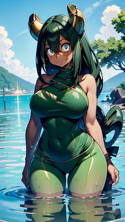 Tsuyu, tanlines, dark skin, wide hips, big hips, thick hips, ample hips, broad hips, massive hips, slim waist, thin waist, narrow waist, small waist, slender waist with hint of abs, long legs, toned body, big breasts, thick thighs, big thighs, round thighs, massive thighs, muscular calves, long green hair, long green eyes, crown of horns, thick lips, oozing sensuality, sexy without trying, glowing bikini, sunset, pool, sea, wet, wet skin, wet hair, sweaty, reflections, unexpected photograph, long nails, long claws, fangs 