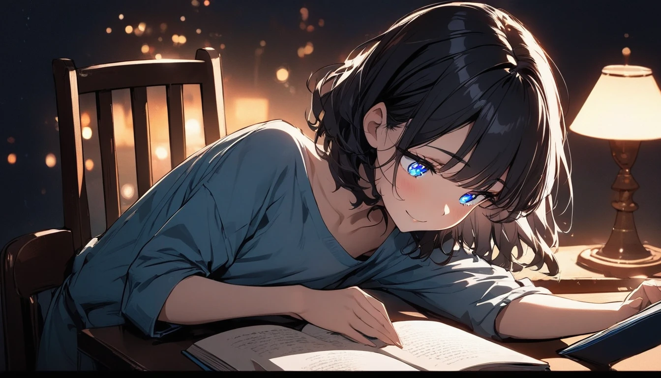 1girl, solo, blue eyes, (detailed eyes), gentle smile on her face flat chest, short hair, black hair, (masterpiece), (Masterpiece), Top quality, Perfect face, Expressive eyes, Knotty hair, Blue eyes, Cute girl, Reading book, (Night), Cosy lights, Perfect lighting, Trace light, Warm colours, Chair and table, Soft, Delicate, Tender, Night, Contrast, Vivid colours INFO