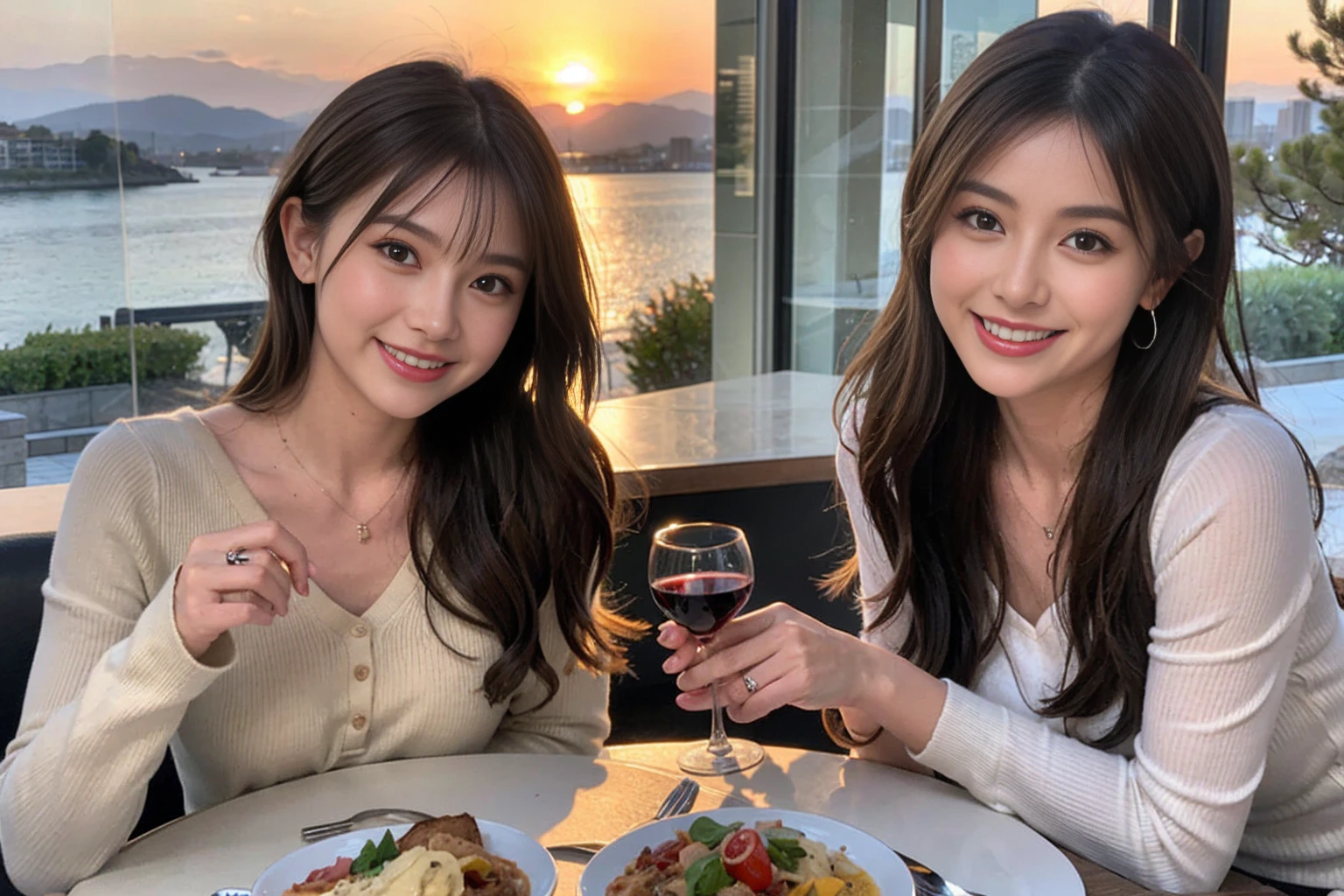 (Realistic:1.1),(masterpiece,Highest quality),8k,(45 years old), 42 years old, slimカップル、Model Couple、actress/actor、Tight waist,Upper Body,full-course dinner、wine 、Amazing view of the sunset sky and clouds、Perfect Anatomy, Brown Hair, short hair,Random Hairstyles,((Highly detailed face and eyes:1.2))(cute顔:1.4),美しいactressの顔,Perfect golden ratio face,Long sleeve shirt、dress,(smile:1.2)、Shortcuts、cute、(Realistic, Intricate details:1.2), A bright smile、short hair,Bright Face、赤wine 、Appetizers、Italian food、wine bottle、Champagne、スパークリングwine、(slimな顔), (The body is slim), (Brown Hair), (Shortcuts), Upper Body, 白wine, slim, wineグラス,