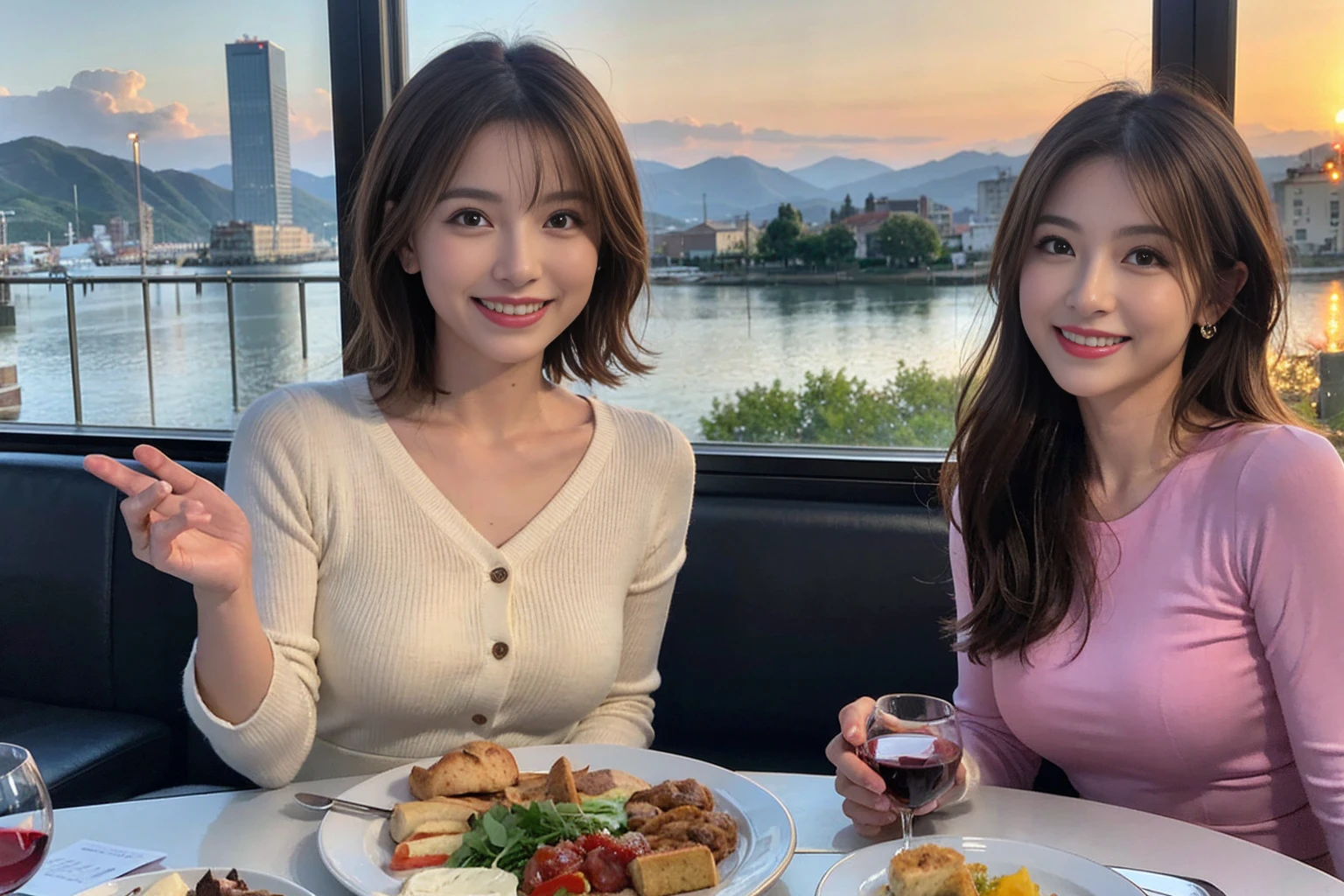(Realistic:1.1),(masterpiece,Highest quality),8k,(45 years old), 42 years old, slimカップル、Model Couple、actress/actor、Tight waist,Upper Body,full-course dinner、wine 、Amazing view of the sunset sky and clouds、Perfect Anatomy, Brown Hair, short hair,Random Hairstyles,((Highly detailed face and eyes:1.2))(cute顔:1.4),美しいactressの顔,Perfect golden ratio face,Long sleeve shirt、dress,(smile:1.2)、Shortcuts、cute、(Realistic, Intricate details:1.2), A bright smile、short hair,Bright Face、赤wine 、Appetizers、Italian food、wine bottle、Champagne、スパークリングwine、(slimな顔), (The body is slim), (Brown Hair), (Shortcuts), Upper Body, 白wine, slim, wineグラス,