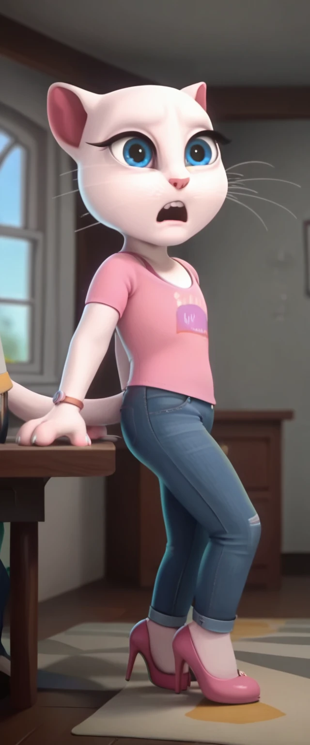 solo focus, a_la, 1girl, cat, white fur, long whiskers on both sides of the face, big bright blue eyes, big black eyelashes, pink nose, triangular ears with pink channels, high heels.jeans. 1 girl and 1 boy human. side view. The man is fucking the woman on the table, the woman is lying on her side
arching somehow., anal screaming, lying at home, looking back, big penis, raping 1 guy and girl. Score_9, Score_8_up, Score_7_