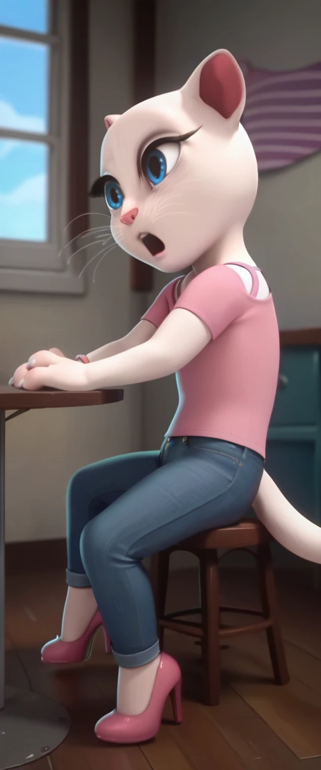 1 girl 1 boy human. a_la, 1girl, cat, white fur, long whiskers on both sides of the face, large bright blue eyes, large black eyelashes, small pink nose, triangular ears with pink channels, female . side view , anal. screaming hart sex .jeans pulled down position fuck. anus. anal. position focus view. Sit on the edge of the bed or on a chair with your feet on the floor. The woman turns her back to you and leans against you, sitting between your legs. Goes back and forth by holding the arms of the chair or pushing it with his feet. She can control the angle of entry by bending her back and pressing her hips against your crotch.