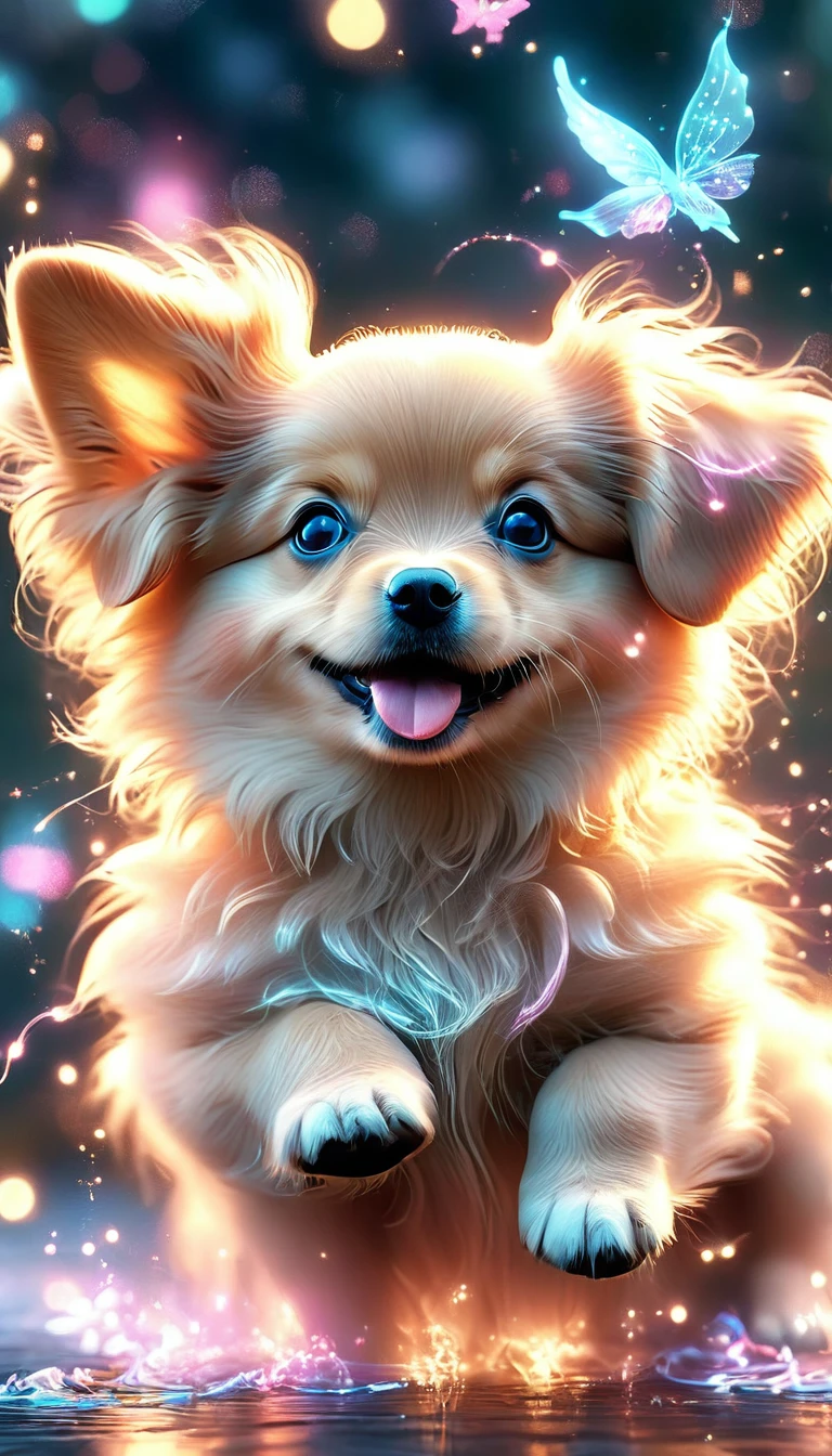 a cute flying puppy, 1 puppy, adorable, fluffy, golden retriever, cute puppy face, puppy eyes, puppy ears, flying, wings, magical, glowing, fairy tale, pastel colors, soft lighting, ethereal, whimsical, (best quality,4k,8k,highres,masterpiece:1.2),ultra-detailed,(realistic,photorealistic,photo-realistic:1.37)