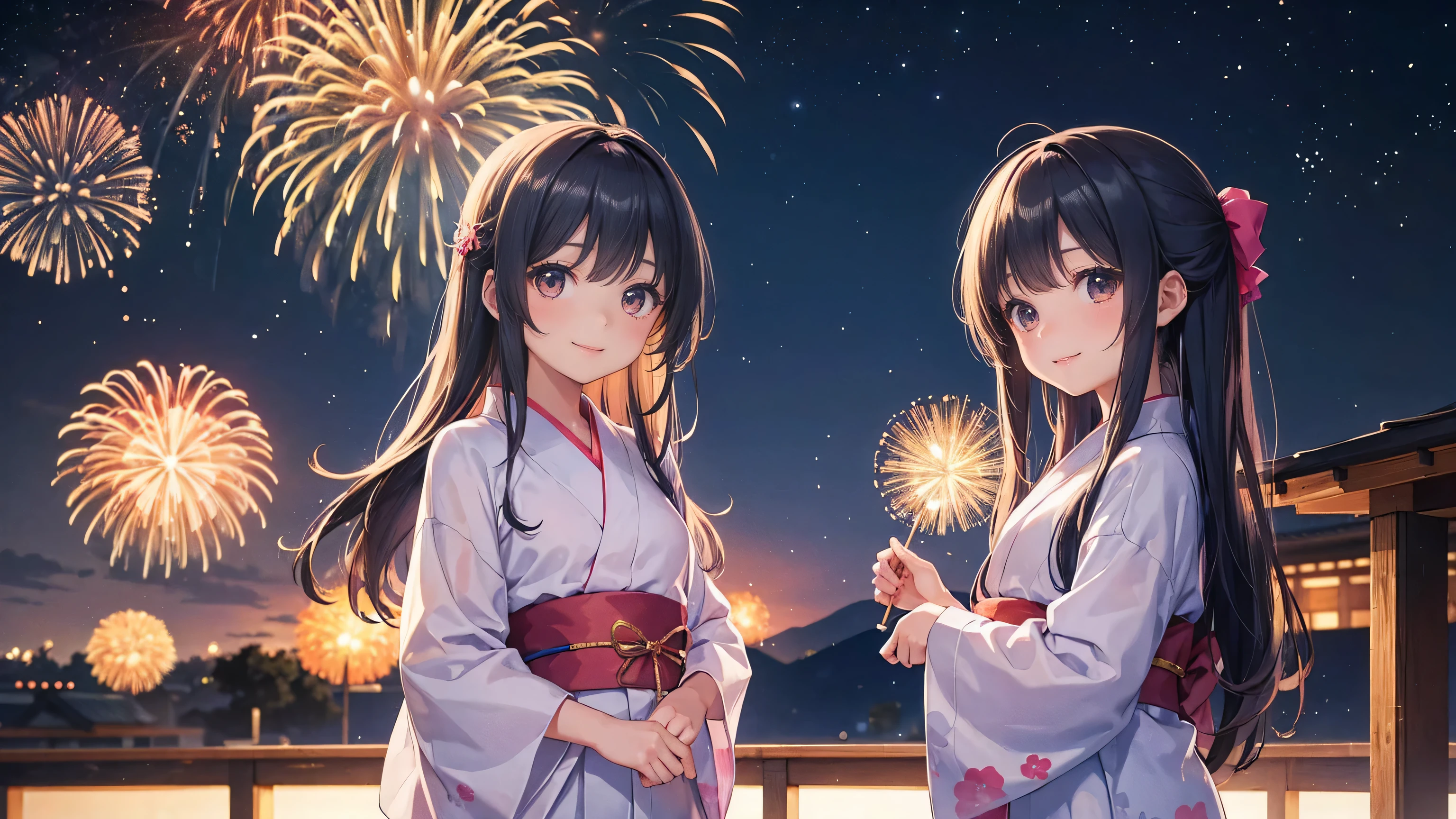 very cute. , girl, Long Straight Hair, Beautiful yukata. Night Sky, Countless fireworks, smile.