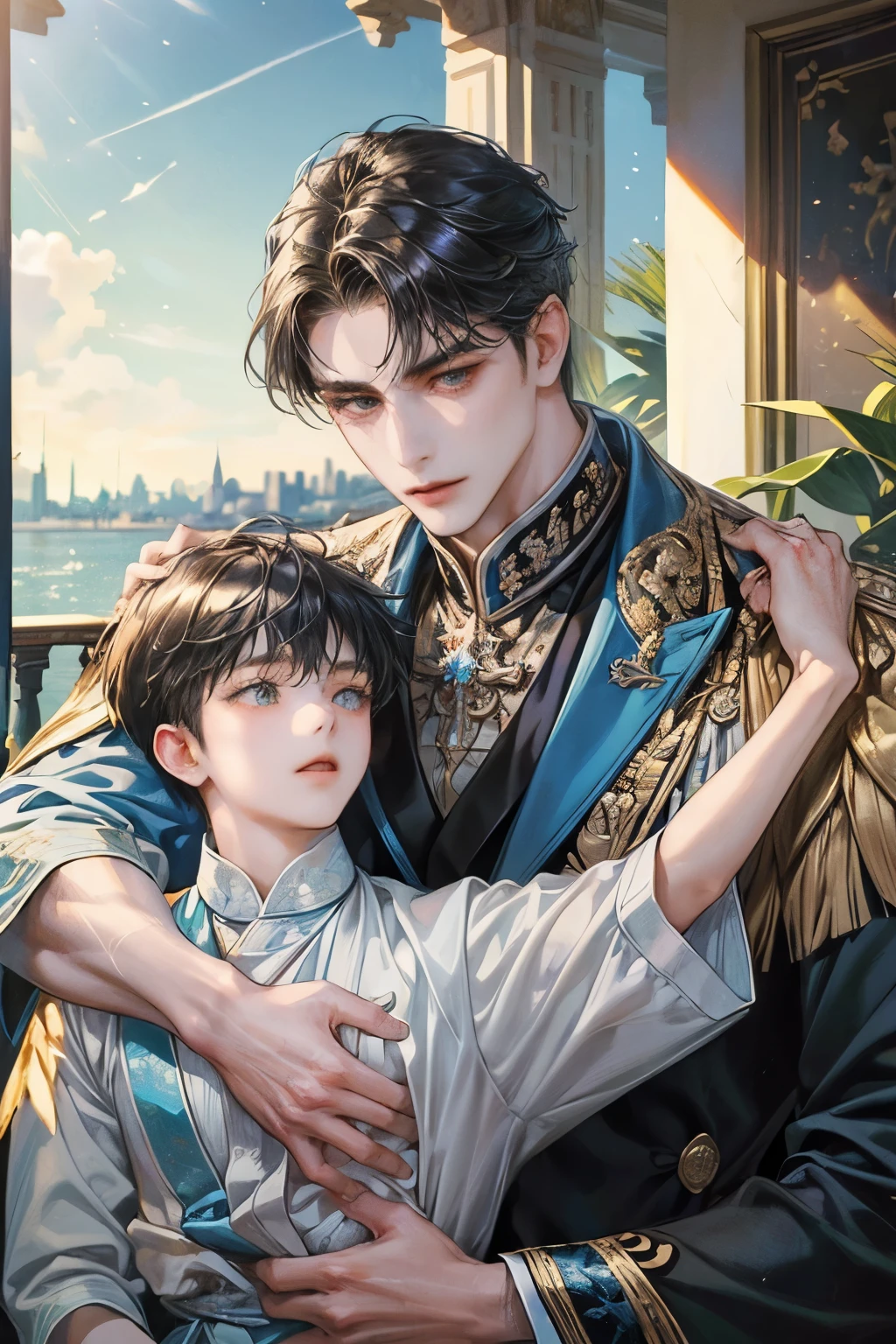 (((masterpiece))), ((Highest quality)), ((Super detailed)), (CG illustration), Happy parent-child scene。The resurrected form of Emperor Constantine and the twins Crispus and Fausta.、Father and son landscape。「Varna, Bulgaria、Under the clear blue sky、A summer evening where a stylish modern mansion shines。As the bright sunlight envelopes the sea and the mansion、A young father in his 30s hugs his twin sons tightly and warmly on his way home from work。The father's face was filled with deep love, retribution and forgiveness.、I can see the look of relief on his face, having overcome his past mistakes.。The children have innocent, naive smiles、He buried his face in his father's shoulder and looked relieved.。Light and shadow gently intersect、A scene that creates a warm and moving atmosphere overall.。」Love。Love, forgiveness, healing and purification。Detailed and delicate。lyrical。Heartful Modern。Gorgeous。elegant。masterpiece。super high quality。, beauty, brilliance, ultra-high quality, ultra-high resolution, Ultra-fine, ultra-beautiful, a masterpiece.masterpiece。I'm in love with you,