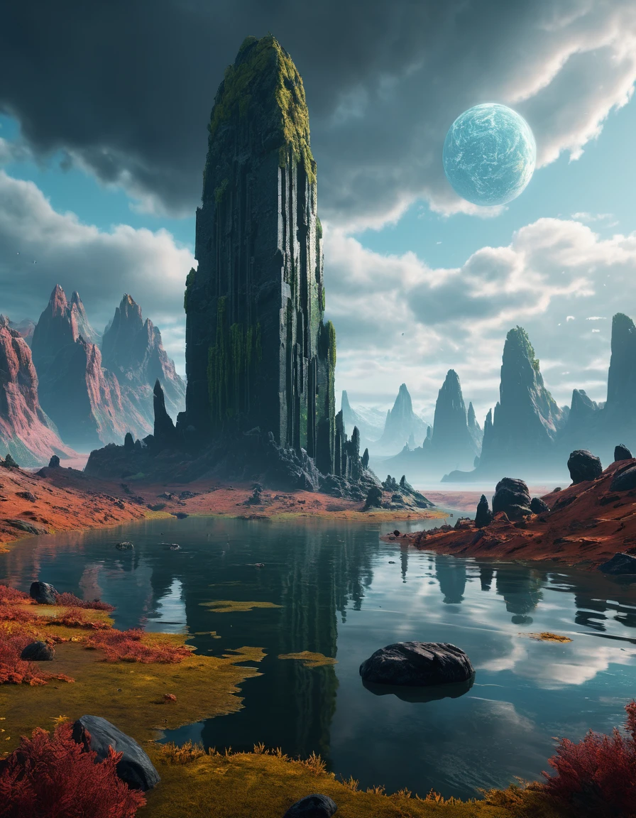 extremely detailed, landscape of an unknown planet, monolith, lake, cloudy weather, unreal engine 5, perfect composition, vibrant, rtx, hbao