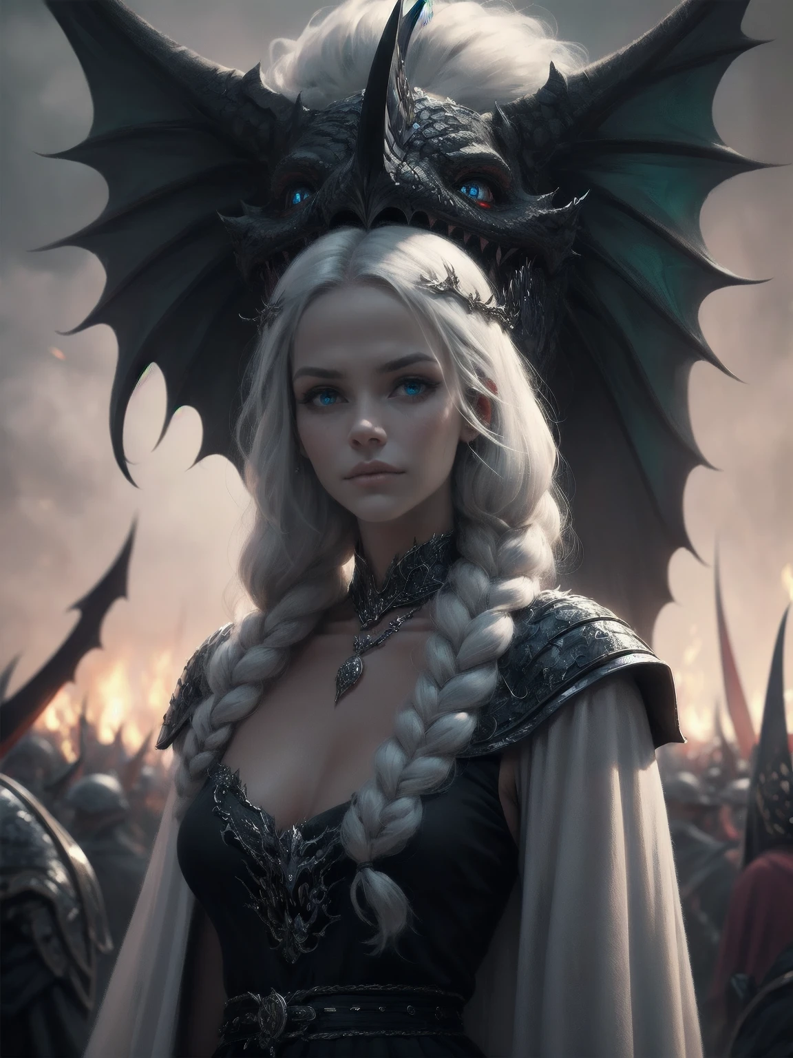 (best quality,4k,highres,masterpiece:1.2),ultra-detailed,(realistic,photorealistic,photo-realistic:1.37),Daenerys Targaryen portrait,beautiful detailed eyes,beautiful detailed lips,extremely detailed eyes and face,long eyelashes,gorgeous woman,confident expression,soft skin tones,elaborate braided blonde hair flowing down her back,flowing blue dress,light blue eyes,sharp focus,stunningly vibrant colors,low-key lighting,mysterious atmosphere, whole body, dancing with dragons ( red dragon ) illustration