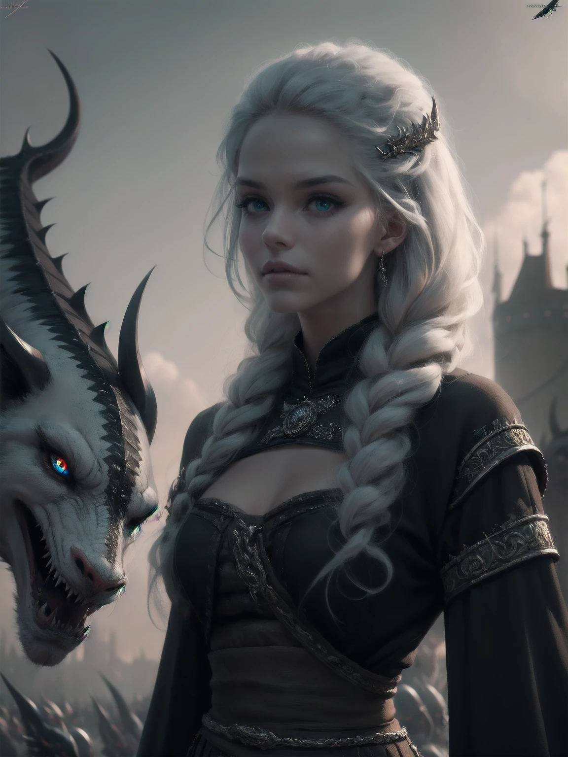 woman 30 years old, winterfel ,game of thrones clothes, dark castle, a woman (baela targaryen), black woman, black skin (black skin) medium hair, curly hair (white hair), (gray eyes) . Indifferent look , merciless. sitting in the dragons, flying, dinamic poses, egoist smile, upper body, angry face,