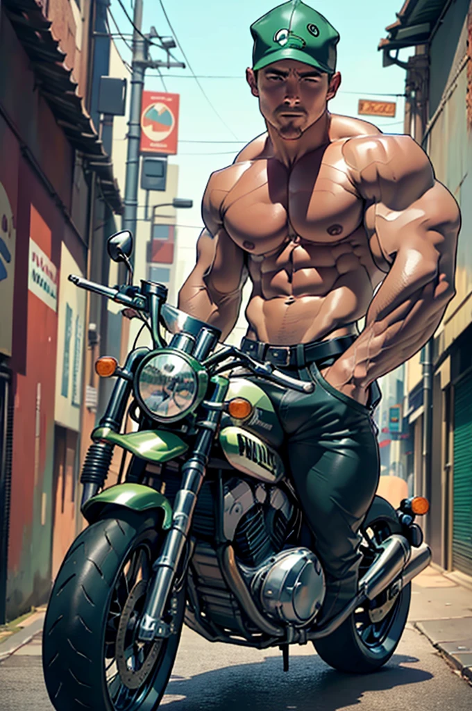 32k, high quality , PERFECT detailed face , detailed hands , detailed muscles detailed motorcycle , 40 years old (((STEPHEN AMELL))) standing near his (((motorcycle))), posing in a street ,(((shirtless))) standing with spread legs, showing his muscles, shirtless wearing a very very low dark green pants with brown belt, background brick wall with men health posters