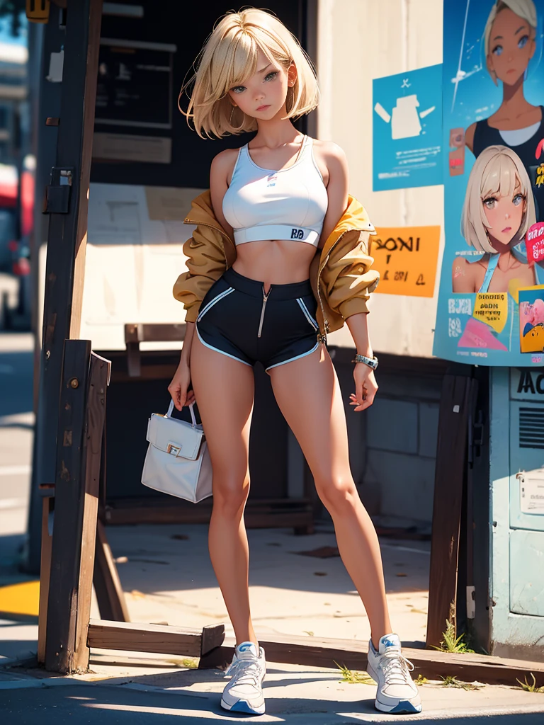 model 18 years old, beautiful, Tanning, Blonde, Bob Hairstyle, Bangs, Brown eyes, beautiful figure, Girl wearing cropped shirt and super short mini shorts, beautiful long legs, Cute makeup,Hot summer, Hot Flirting, Summer Clothing, Top quality, Highest quality, Poster Style, Simple background,Simple white one-piece dress,Off Shoulder,Off-shoulder,A-shaped pose,Open your legs,Trendy sneakers,Sports bra straps