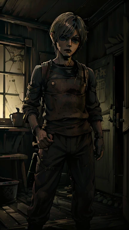 best quality,masterpiece,1man,solo,(((20years old))),japanese man,an extremely cute and handsome boy,highly detailed beautiful face and eyes,petit,cute face,lovely face,baby face,shy smile,show teeth, Blonde hair,Short hair,flat chest,skinny,slender,(((wearing a RE4Leon costume))),(((standing in reelunsettling dark indoors room))),he is looking at the viewer, StopMotion