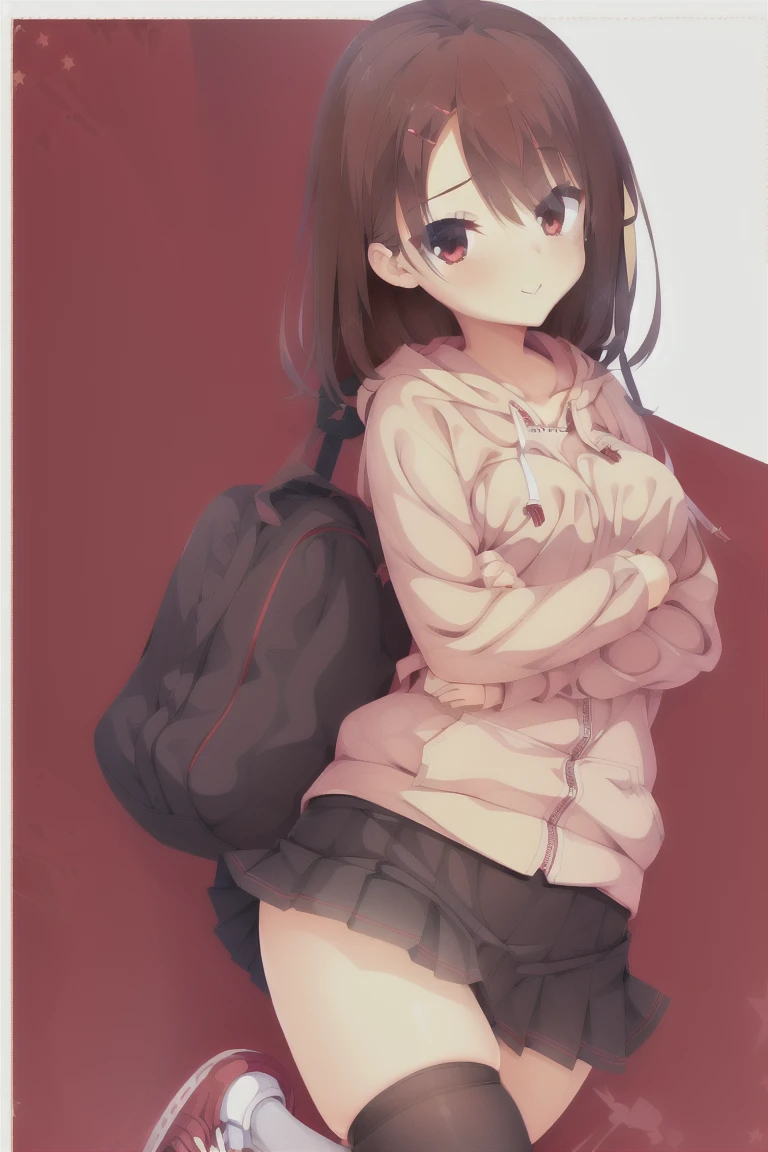 1girl,high_resolution,standing,simple_background,bangs,(red_hoodie:1.3),(black_pleated_skirt:1.35),bob_hair,brown_hair,独奏,black_skirt,blush,skirt,white_background,breasts,eyebrows_ass visible_through_hair,short_hair,smile,red_eyes,looking_at_viewer,thighhighs,long_sleeves,medium_hair,thighs,hair_ornament,hairclip,medium_breasts,shoes,zettai_ryouiki,hood,hoodie,sneakers,brown_legwear,feet_out_of_frame,hood_down,sleeves_past_wrists,drawstring,red_hoodie,expensive_solve, clear_image, expensive_Contrast, 8k, Sparkling, beautiful_detailed_face_and_eye, (Brown Hair:1.25), 白 eye,White background