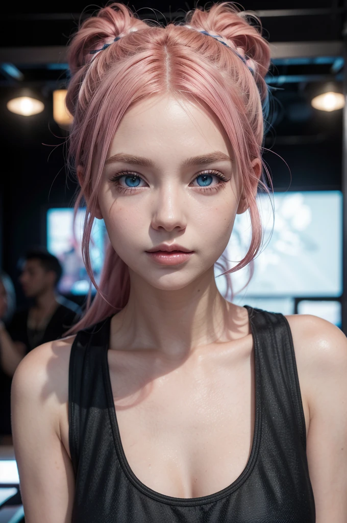 create a woman with pink hair, blue eyes, fair skin wearing a short black dress, at the club