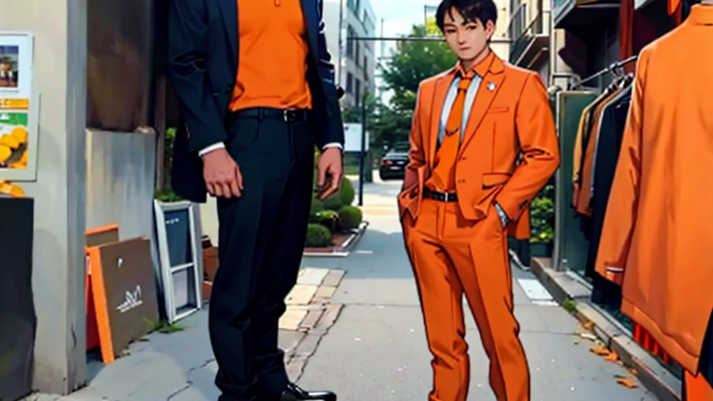 uncle_roger, orange shirt, standing, looking at viewer, long pants, suit, full body,tie