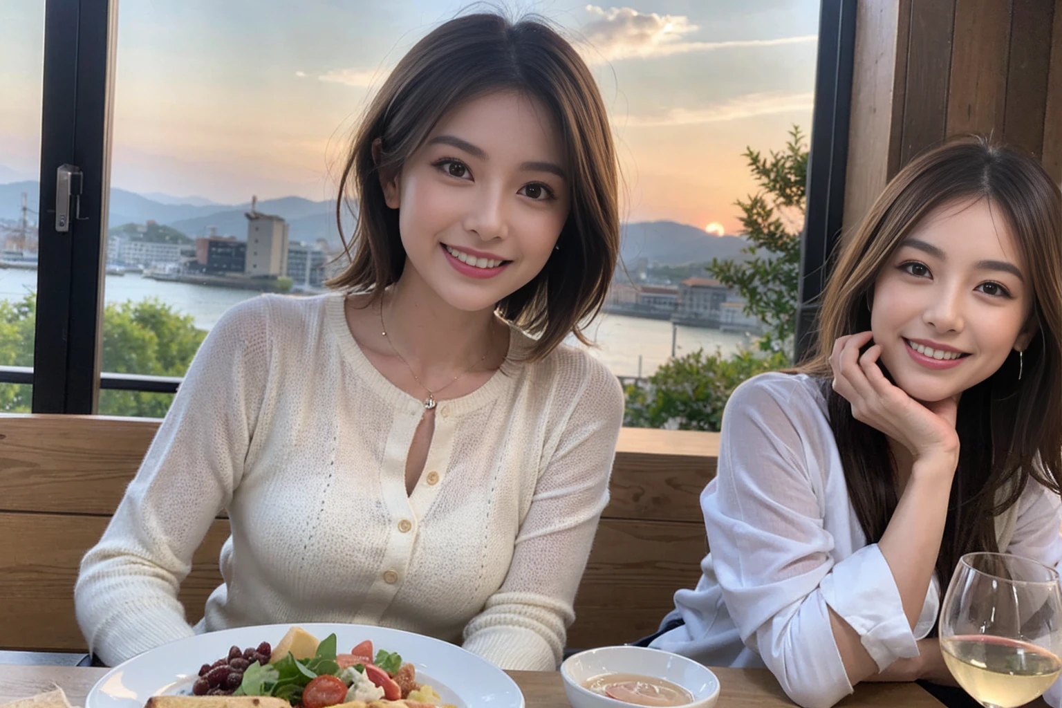 (Realistic:1.1),(masterpiece,Highest quality),8k,(44 years old), 47 years old, slimカップル、Model Couple、actress/actor、Tight waist,Upper Body,full-course dinner、wine 、Amazing view of the sunset sky and clouds、Perfect Anatomy, Brown Hair, short hair,Random Hairstyles,((Highly detailed face and eyes:1.2))(cute顔:1.4),美しいactressの顔,Perfect golden ratio face,Long sleeve shirt、dress,(smile:1.2)、Shortcuts、cute、(Realistic, Intricate details:1.2), A bright smile、short hair,Bright Face、赤wine 、Appetizers、Italian food、wine bottle、Champagne、スパークリングwine、(slimな顔), (The body is slim), (Brown Hair), (Shortcuts), Upper Body, 白wine, slim, wineグラス,