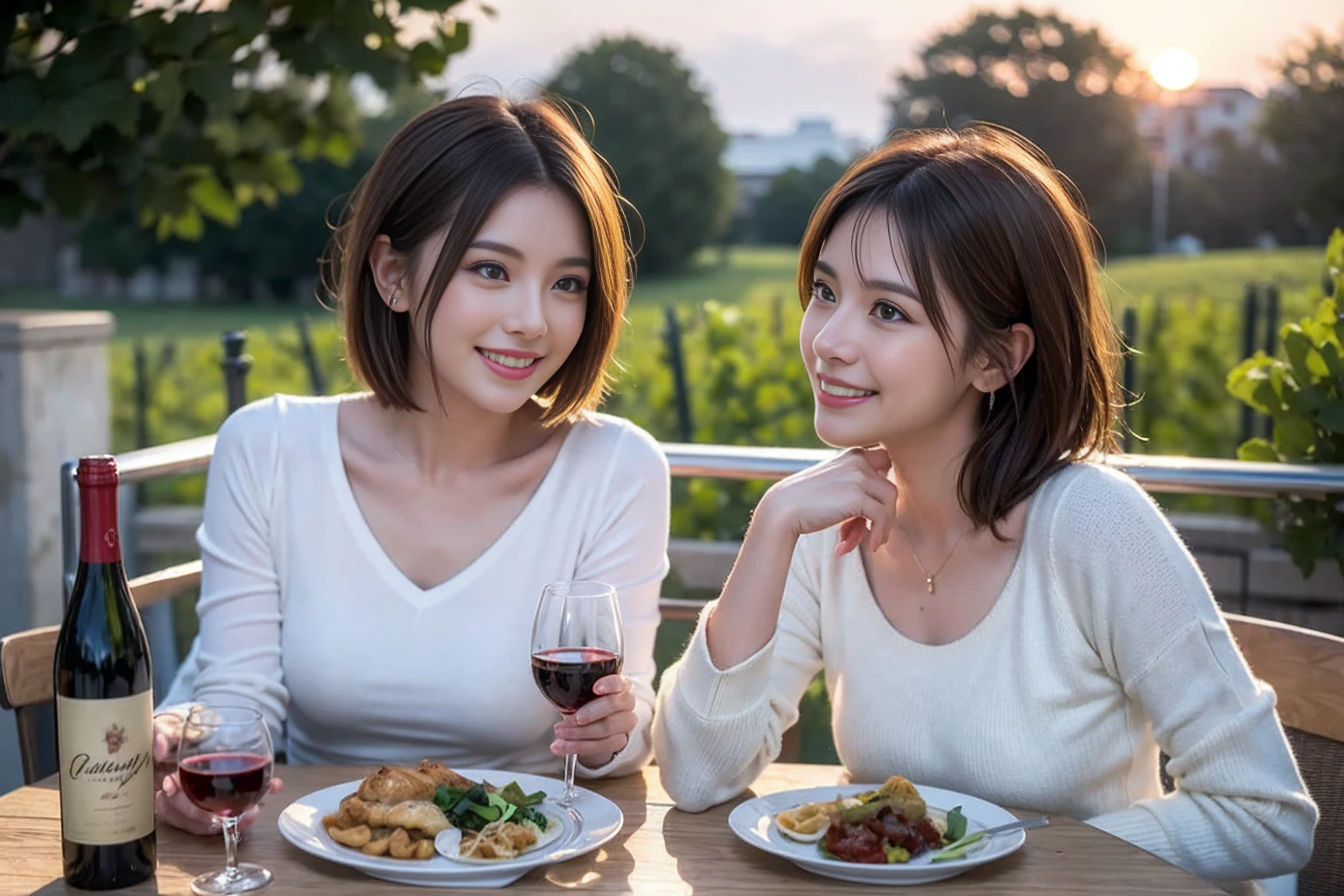 (Realistic:1.1),(masterpiece,Highest quality),8k,(44 years old), 42 years old, slimカップル、Model Couple、actress/actor、Tight waist,Upper Body,full-course dinner、wine 、Amazing view of the sunset sky and clouds、Perfect Anatomy, Brown Hair, short hair,Random Hairstyles,((Highly detailed face and eyes:1.2))(cute顔:1.4),美しいactressの顔,Perfect golden ratio face,Long sleeve shirt、dress,(smile:1.2)、Shortcuts、cute、(Realistic, Intricate details:1.2), A bright smile、short hair,Bright Face、赤wine 、Appetizers、Italian food、wine bottle、Champagne、スパークリングwine、(slimな顔), (The body is slim), (Brown Hair), (Shortcuts), Upper Body, 白wine, slim, wineグラス,