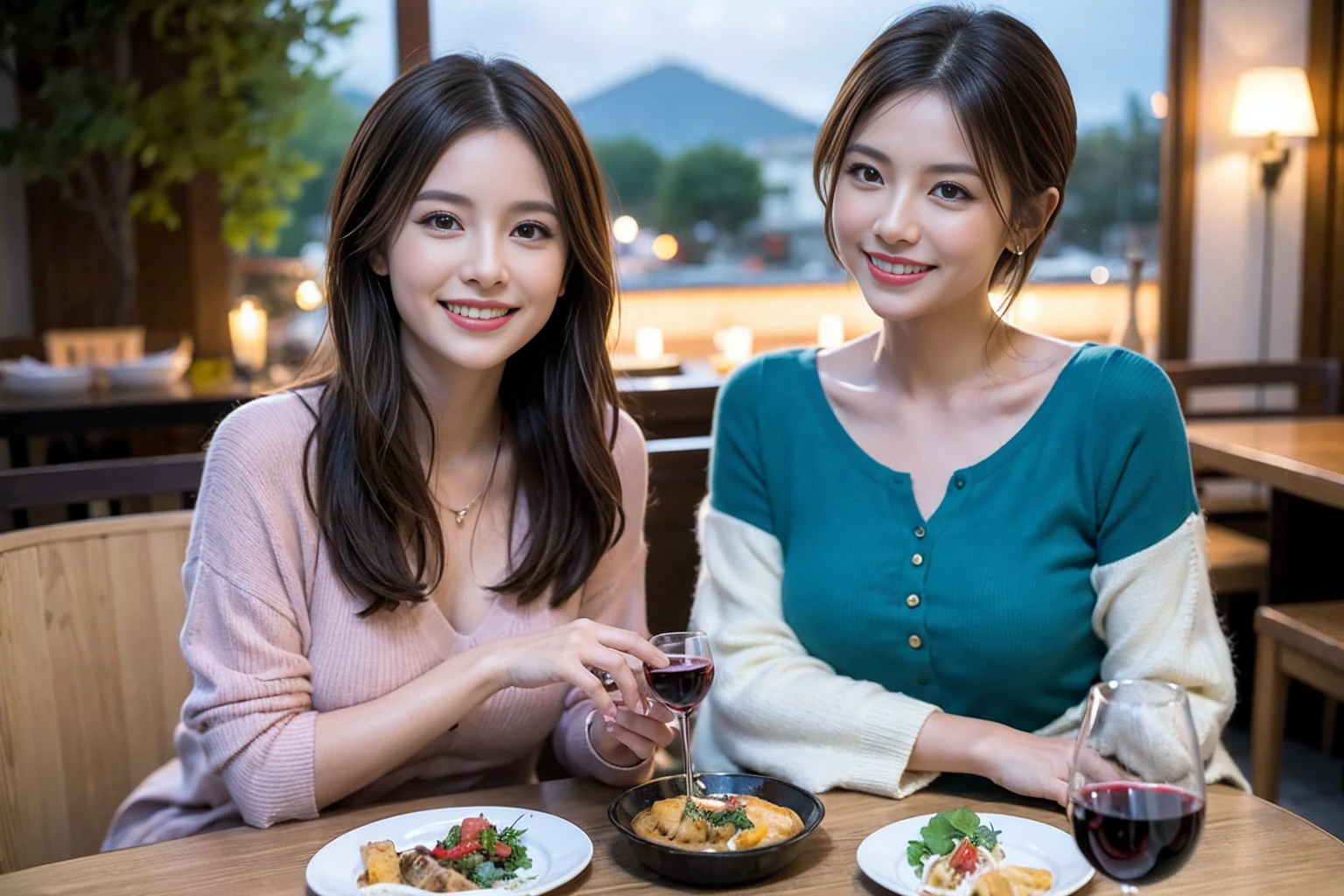 (Realistic:1.1),(masterpiece,Highest quality),8k,(44 years old), 42 years old, slimカップル、Model Couple、actress/actor、Tight waist,Upper Body,full-course dinner、wine 、Amazing view of the sunset sky and clouds、Perfect Anatomy, Brown Hair, short hair,Random Hairstyles,((Highly detailed face and eyes:1.2))(cute顔:1.4),美しいactressの顔,Perfect golden ratio face,Long sleeve shirt、dress,(smile:1.2)、Shortcuts、cute、(Realistic, Intricate details:1.2), A bright smile、short hair,Bright Face、赤wine 、Appetizers、Italian food、wine bottle、Champagne、スパークリングwine、(slimな顔), (The body is slim), (Brown Hair), (Shortcuts), Upper Body, 白wine, slim, wineグラス,